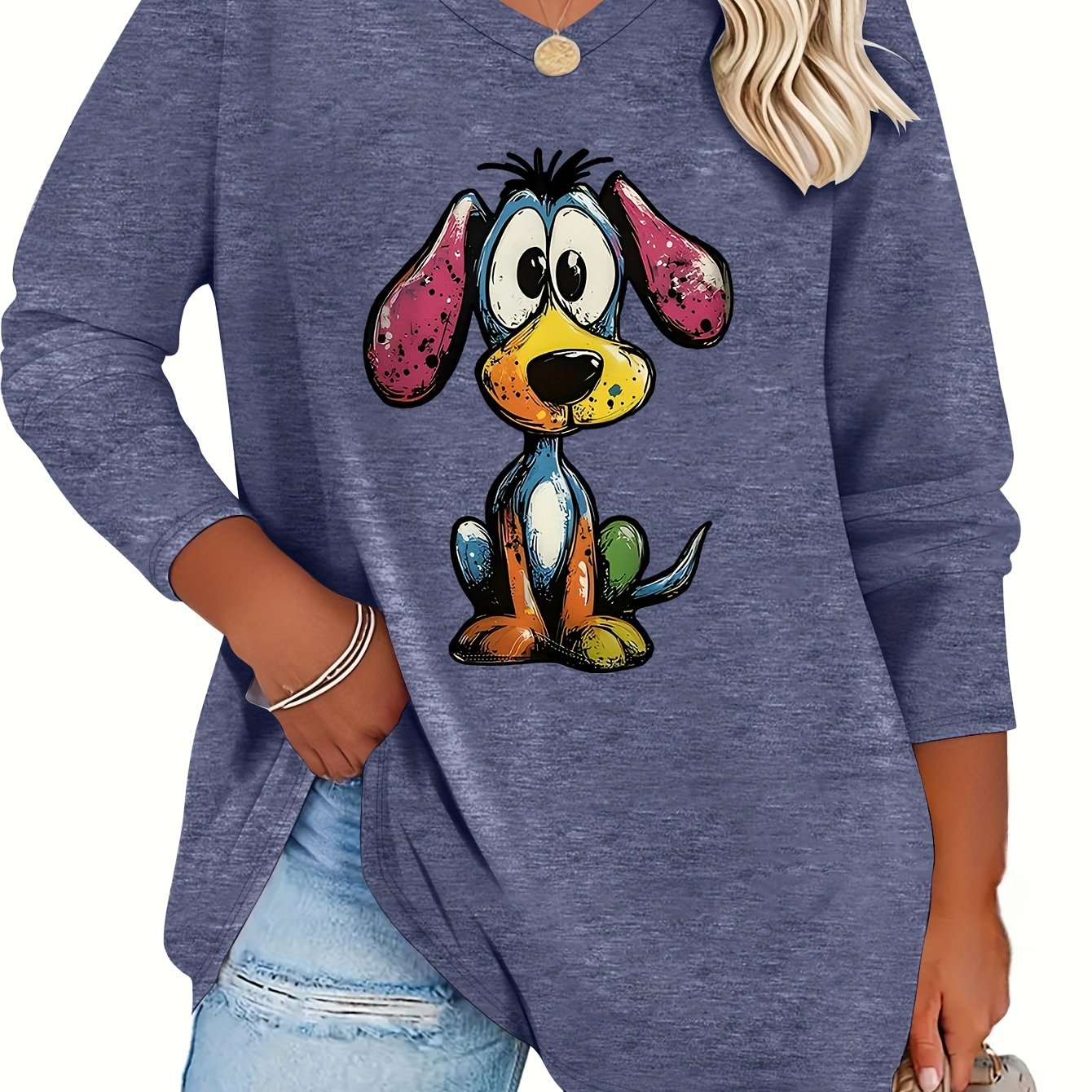TEMU Plus Size - Plus Size - Spring And Summer Plus Size Women's Fashion Colorful Puppy V-neck Long Shirt T-shirt, Rayon Component - To Care For,