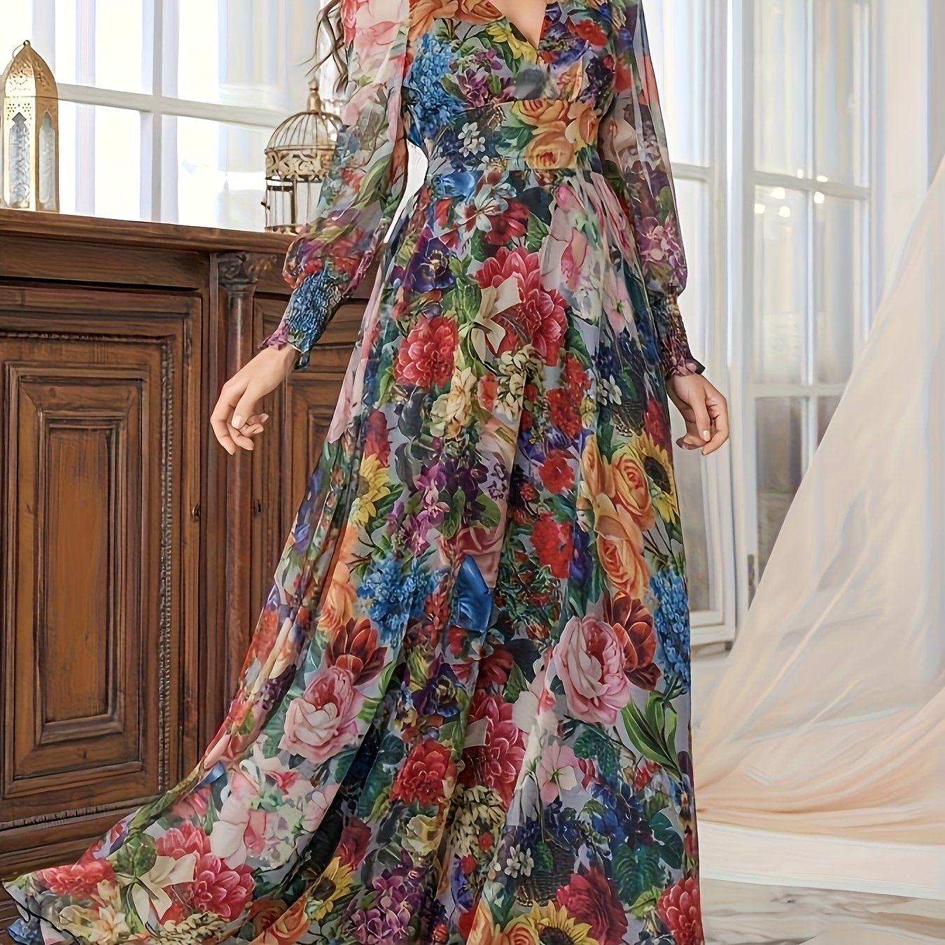 E-shop Elegantes langärmliges V-Ausschnitt-Blumenkleid | Lange Länge, Laternenärmel, schimmernder Stoff, ideal für den täglichen Weg zur Arbeit, Dates,