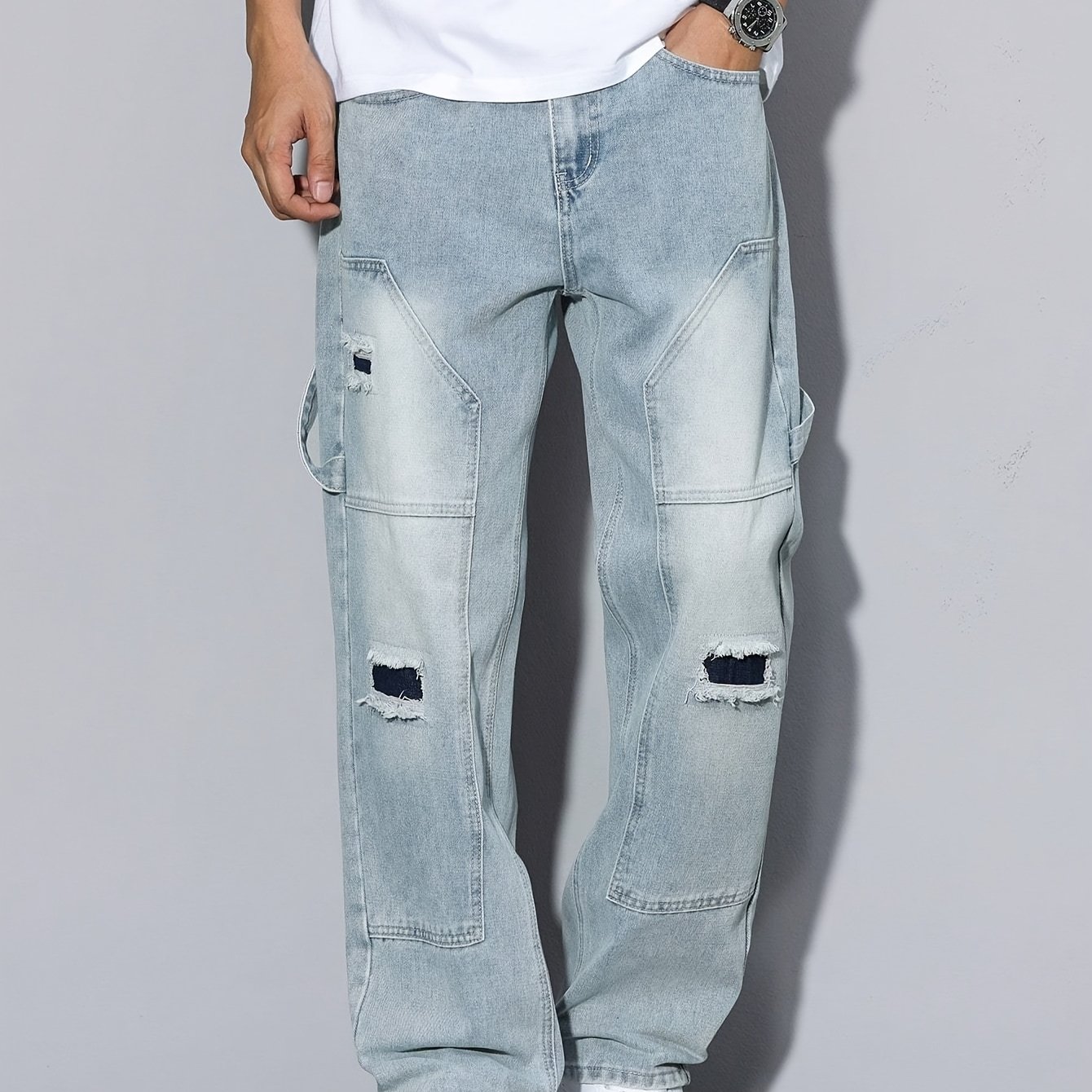 Men's High-end Retro Ripped Light-colored Jeans, Perfect For , Having., Autumn Menswear