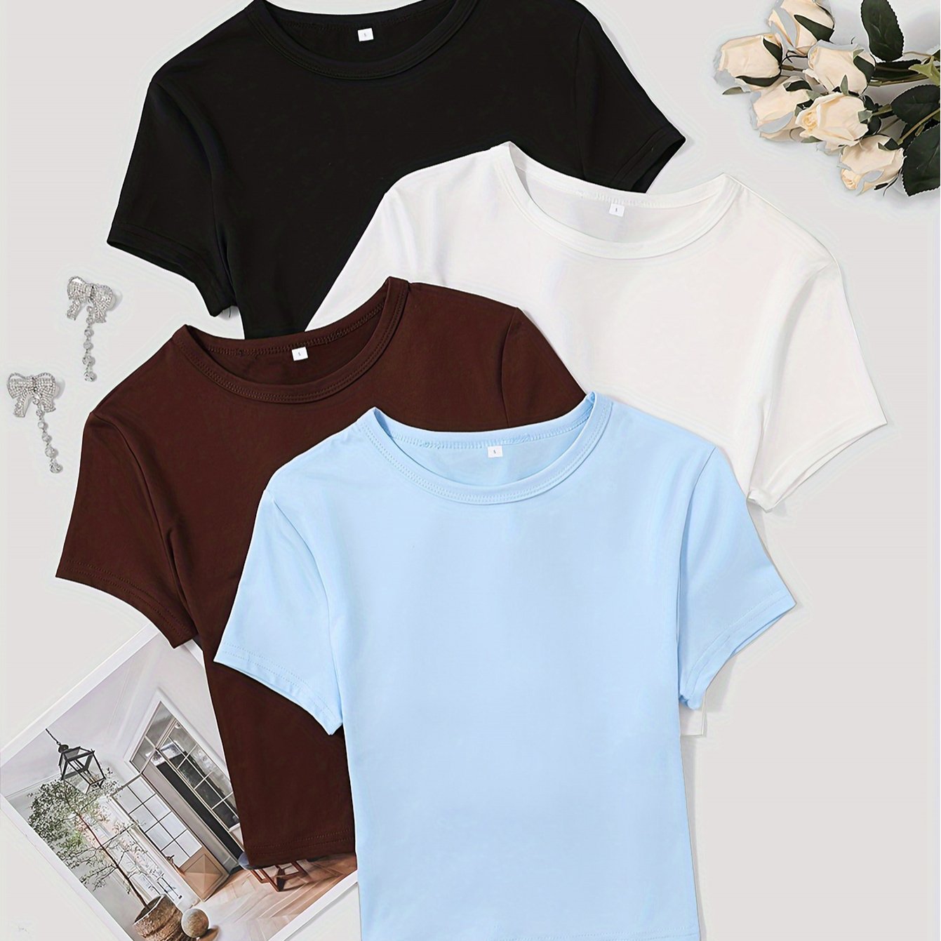 TEMU 4pcs Set Slim-fit Solid Color Printed Versatile Style Trendy Must-have Crop Top Women's T-shirt