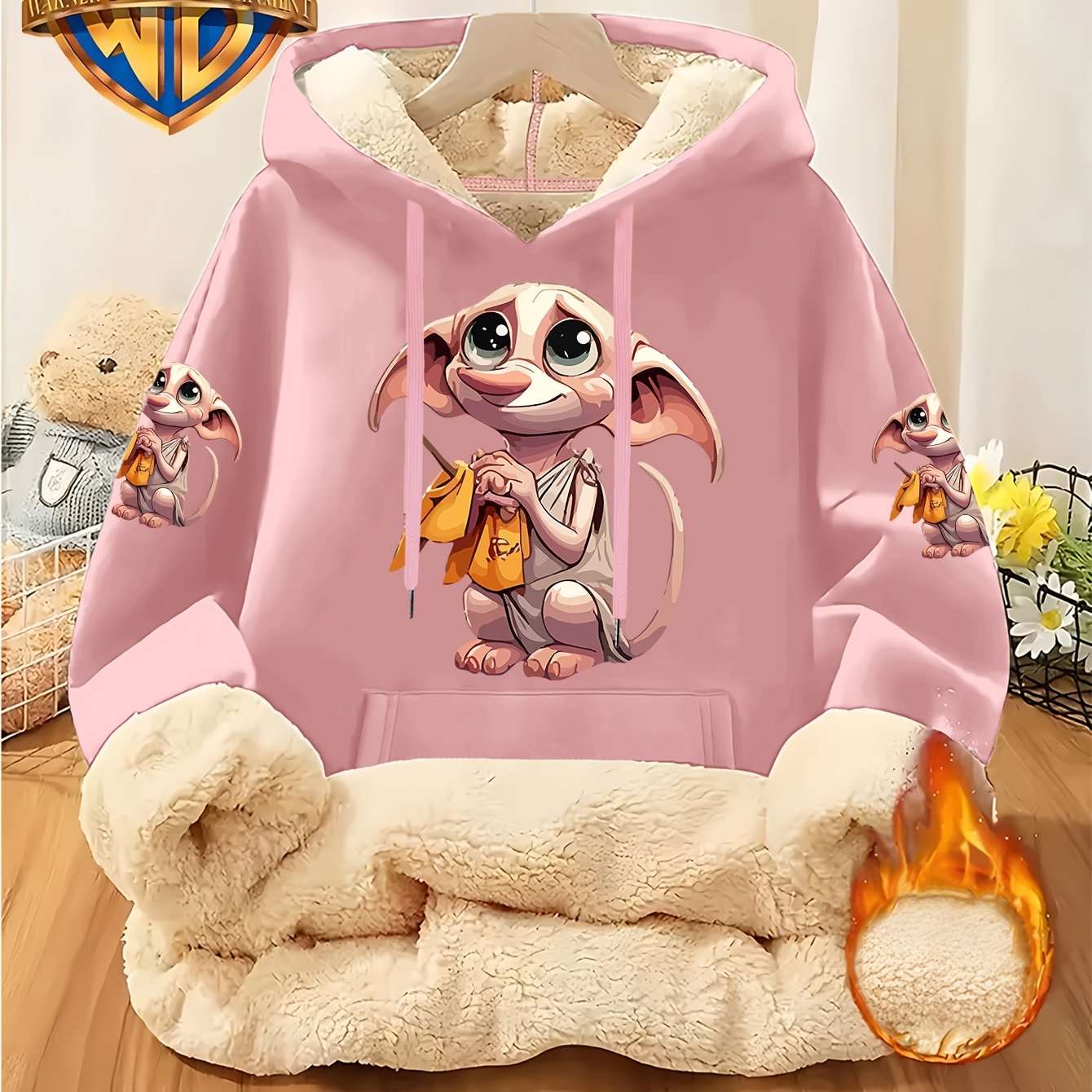 TEMU Wb . Officially Licensed, Dobby The Elf Pattern Print, Women's Hoodie, Thick And Warm Polyester Top, Casual Composite Fabric Suitable For Fall