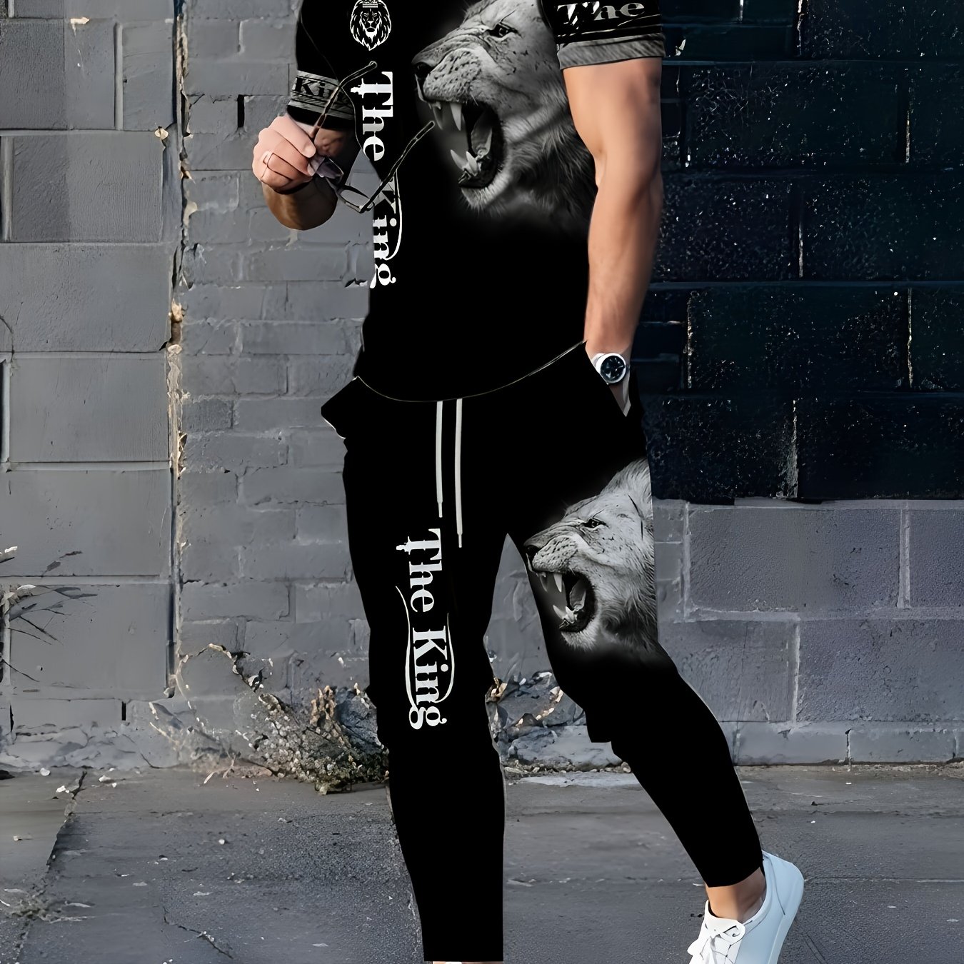 TEMU Men's 3d Lion Print Sports Set - All Year Round Polyester Exercise Equipment, With Boat Neck T-shirt And Matching Pants, Regular Style, Slightly Stretchy Knit Fabric, Animal Pattern Sportswear