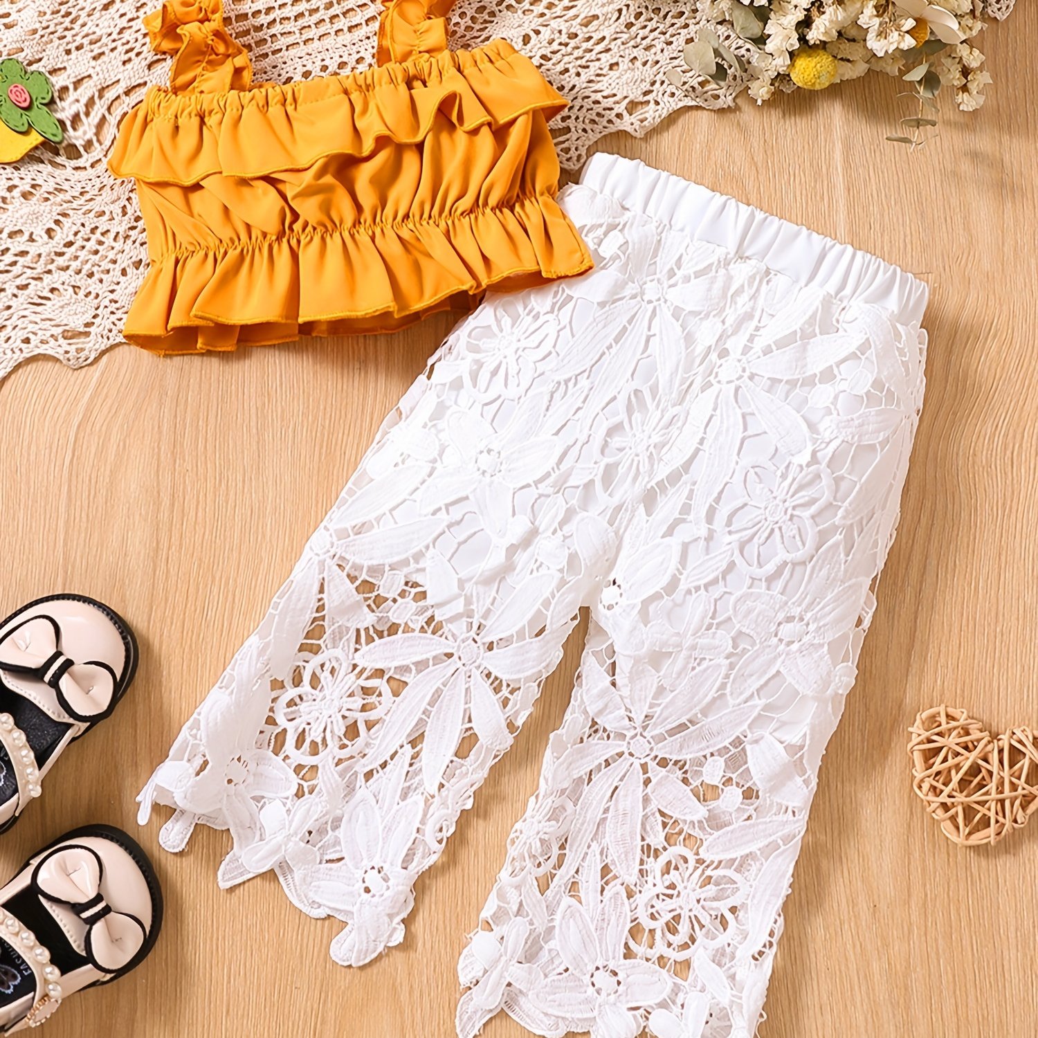 Image of Two-piece Set Baby Girl Summer Outfit, Square Neck Sleeveless Tops And Solid Color Pants, Polyester, For Newbor, For Outdoor