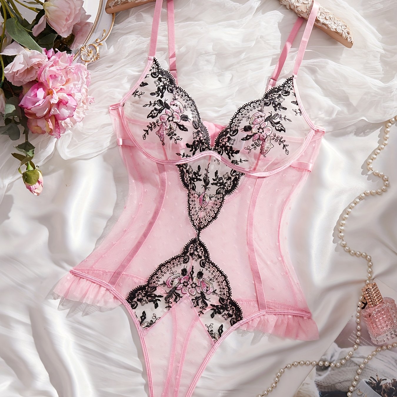 Sheer Mesh Bodycon Bodysuit, Western Black Embroidery Soft Pink Tone, Adjustable Straps And Details, Women's Elegant Clothing Or Special Occasion Outfit, Casual Bodysuit