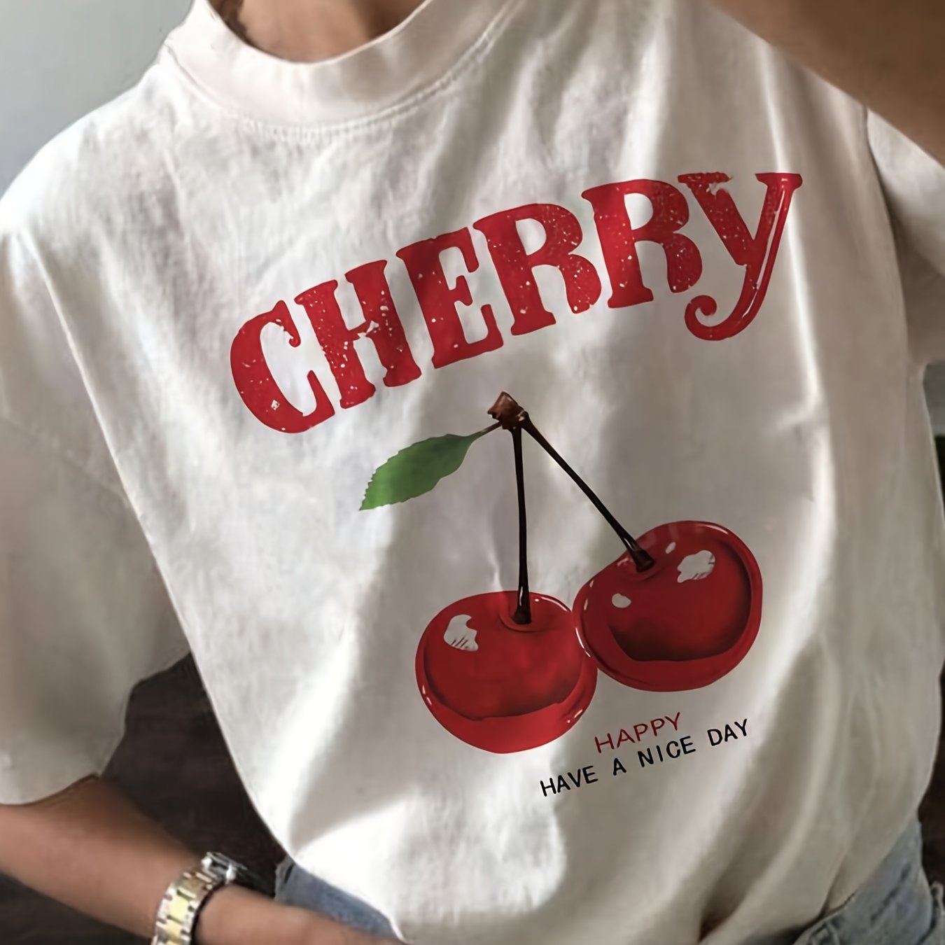 TEMU Cherry Print Crew Neck T-shirt, Comfy Short Sleeve Casual Top For Summer & Spring, Women's Clothing