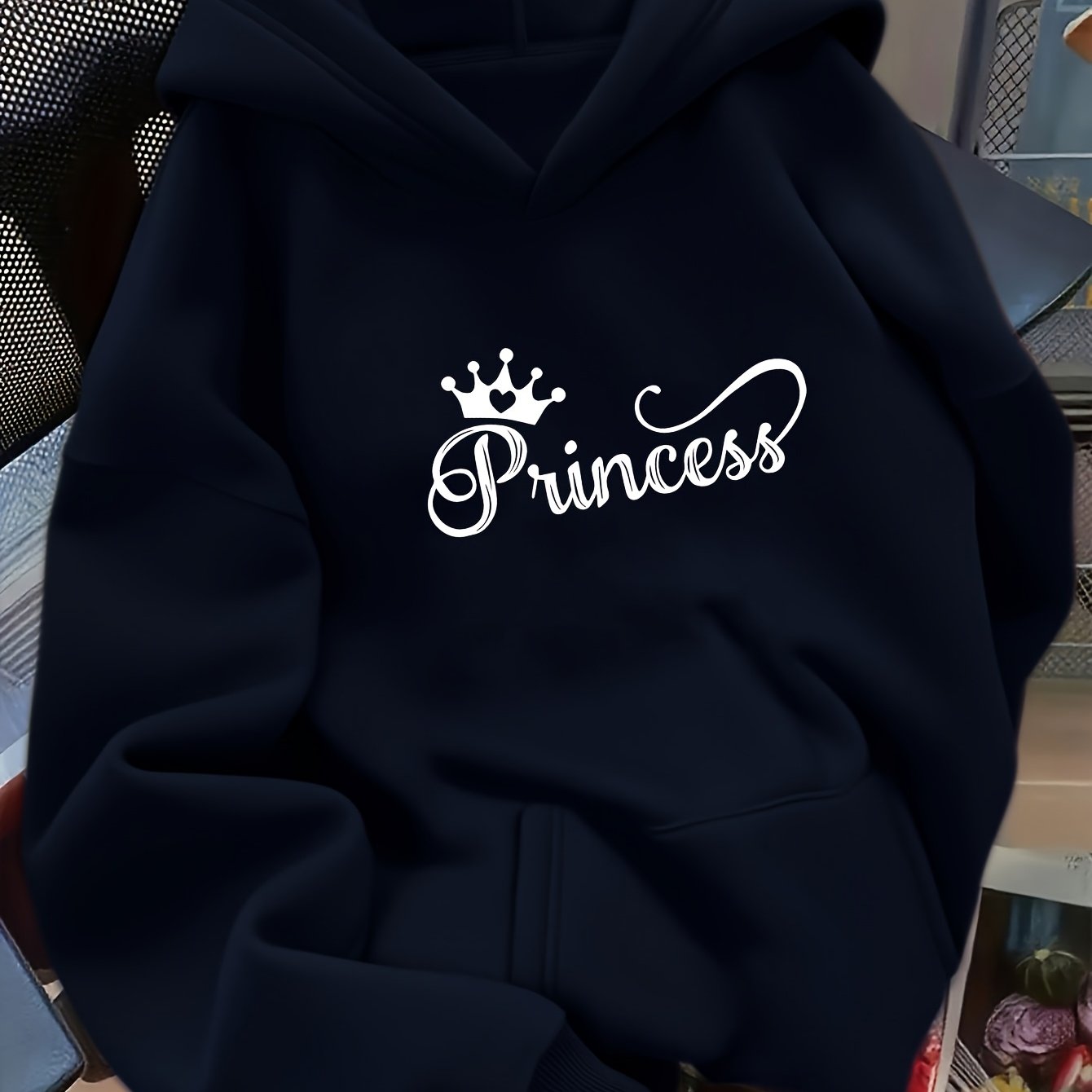 TEMU D92-1pc Loose Hooded Sweatshirt, Fashionable Versatile Princess Crown Pattern Printed Hooded Sweatshirt, Spring And Autumn, Women's Size L15172