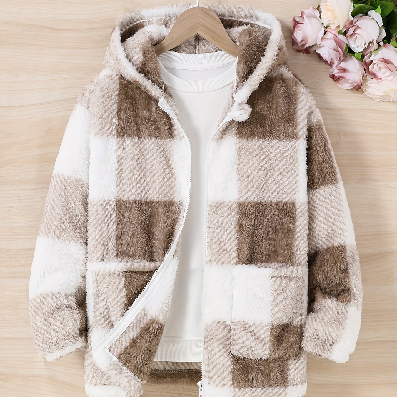 Girls' And Teens' Jackets, Thin Hooded Zipper Jackets, With Pockets, Plush Fabric, Light And Comfortable, Worn Outside Or At Home