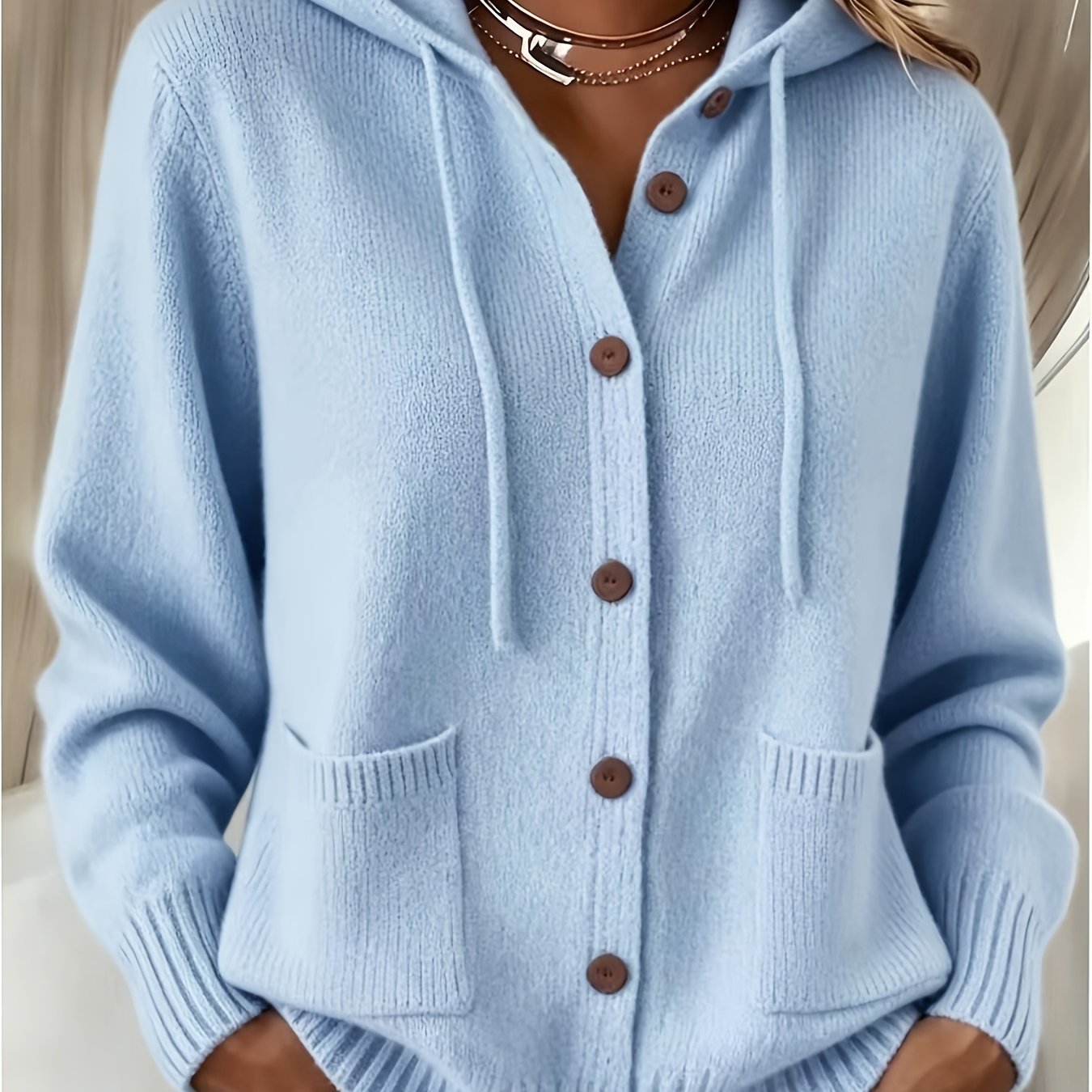 TEMU Cardigan à capuche ASD1 et collant pour femme avec boucle en bois à une rangée et cordon de serrage, pull à manches longues, style coréen