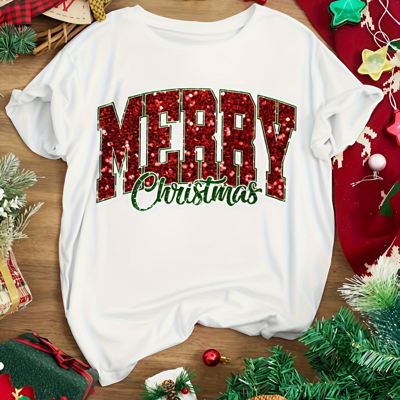 TEMU Merry Christmas Printed Design, Comfortable Round Neck Short Sleeve T-shirt, Perfect For Christmas Gifts | Versatile Women's Printed T-shirt For