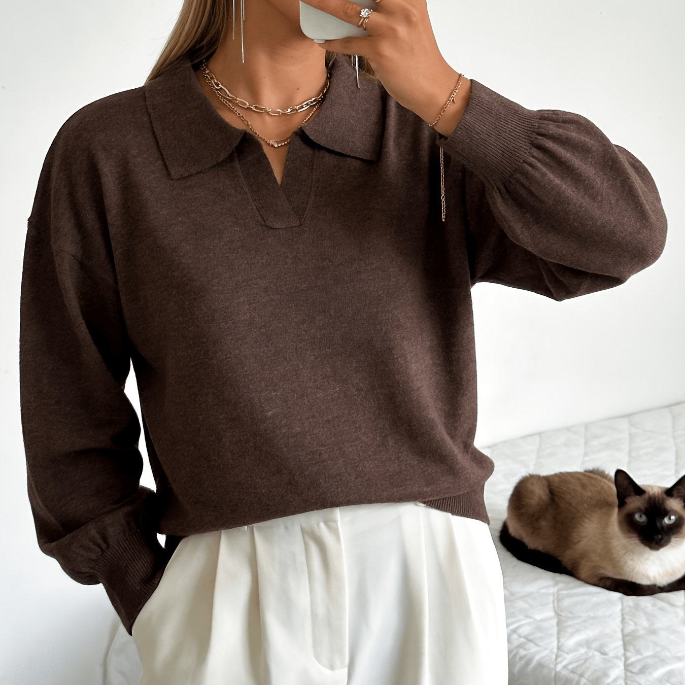 TEMU Women's Spring Autumn Neck Off-shoulder Long Sleeve Half- Sweater Solid Color Pullover Fitted Style Sweater Top