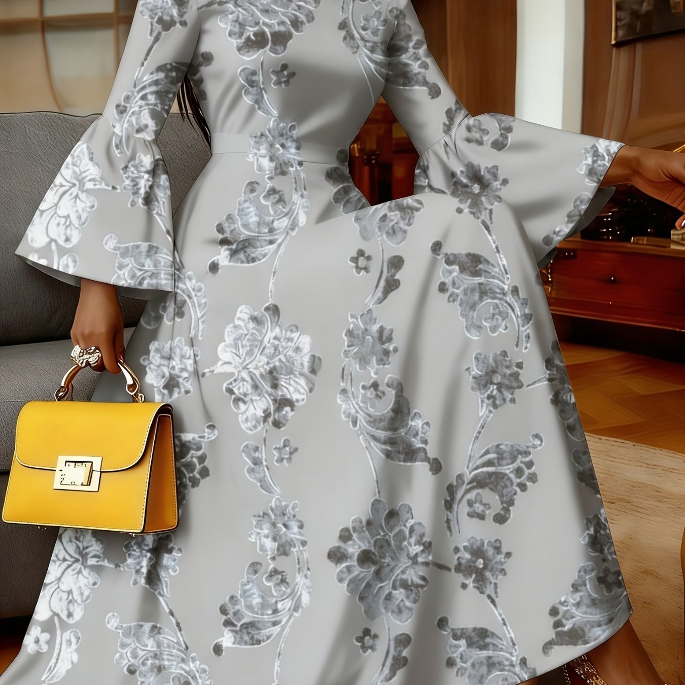 Image of Plus Size Women's Dress, Elegant Printed Round Neck Flared Sleeve Dress. Elegant Party Attire, Perfect For Casual Gifts, Comfortable For Spring And Autumn, Made Of Comfortable Fabric, Machine Washable