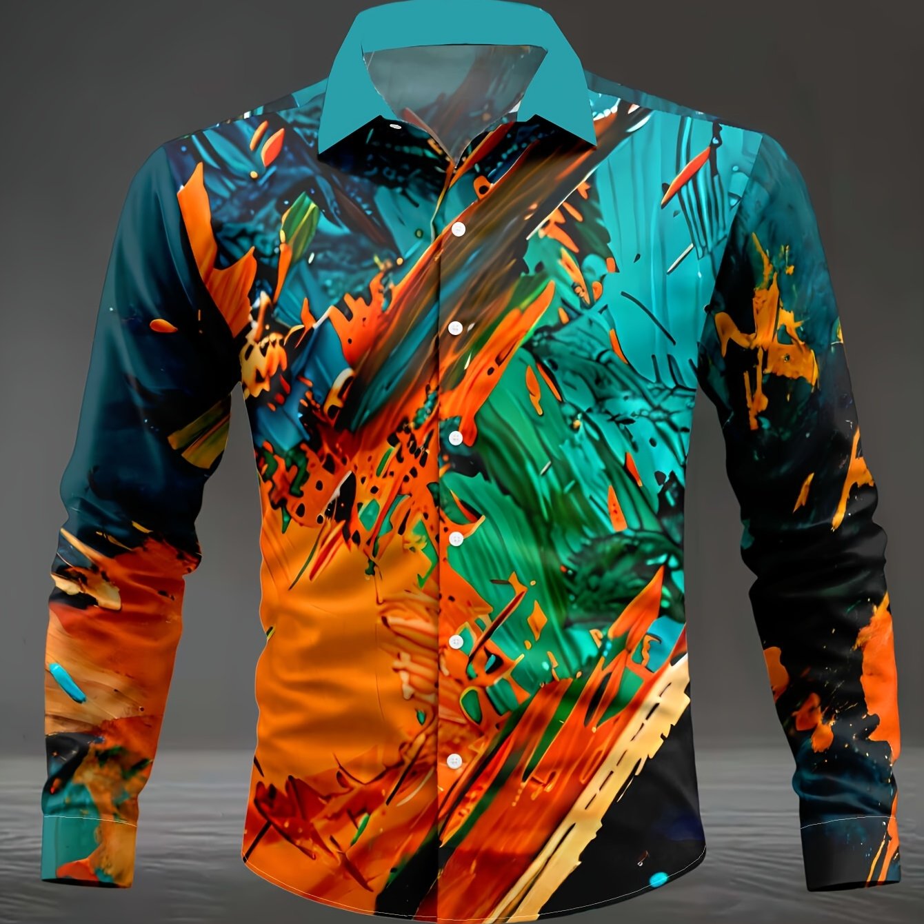TEMU [print Design- Not Textured]'s Long-sleeve Shirt With Orange And -paint Patterns, And Wild , Versatile Casual Top For Commuting, Machine