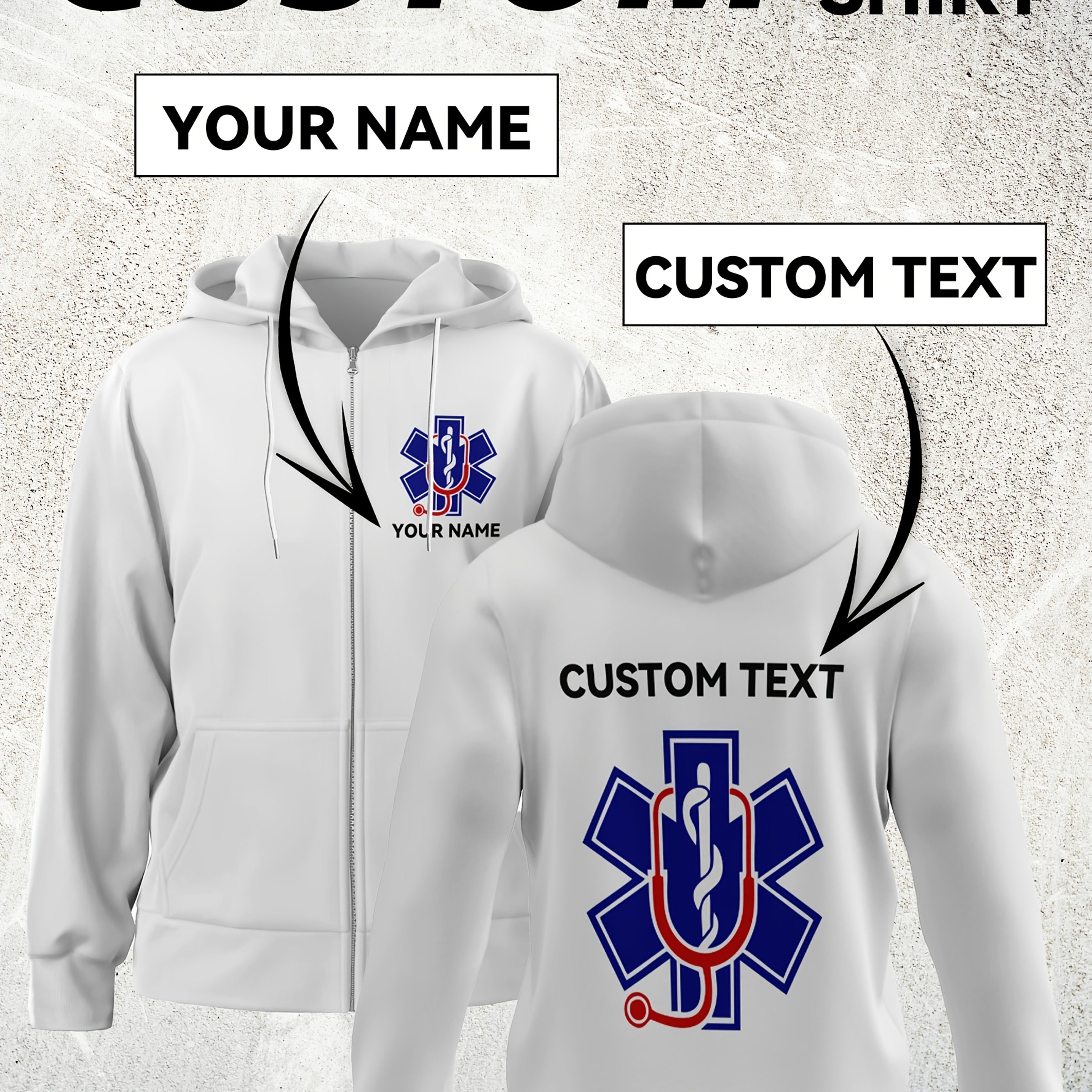 TEMU Custom Men's 3d Printed Ems Emergency Series Hooded Zip-up Shirt - Breathable Polyester Streetwear, Plus Size Team Customization With