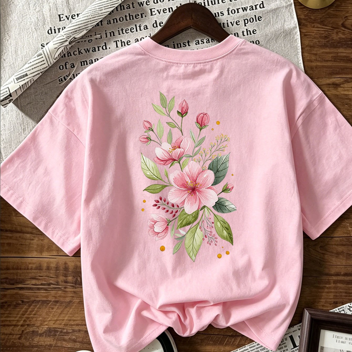 Image of Cherry Floral Print T-shirt | Summer Women Casual Graphic Tee | Pink Flower Watercolor Top | Loose Fit Boho Shirt