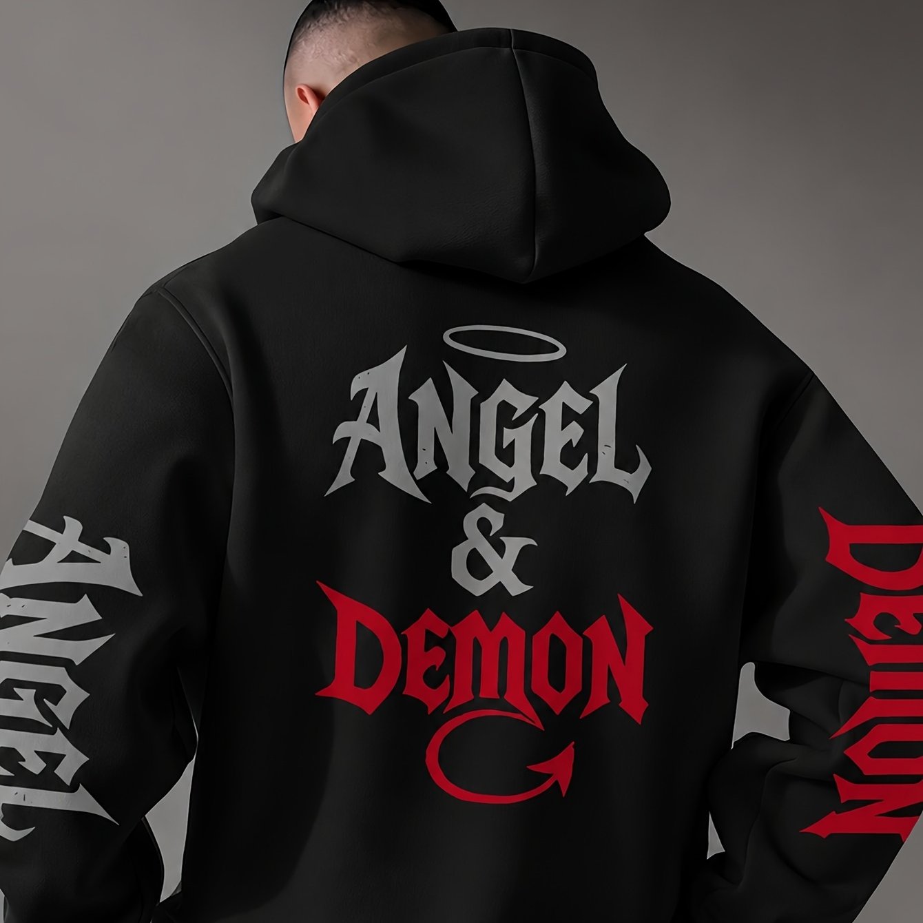 Image of Open A In Men's Fashion With The Collision Of ! Featuring A Unique "" & "demon" Print On The Back, With "" And "demon" Letter Prints On The Sleeves, This Men's Hooded Sweatshirt