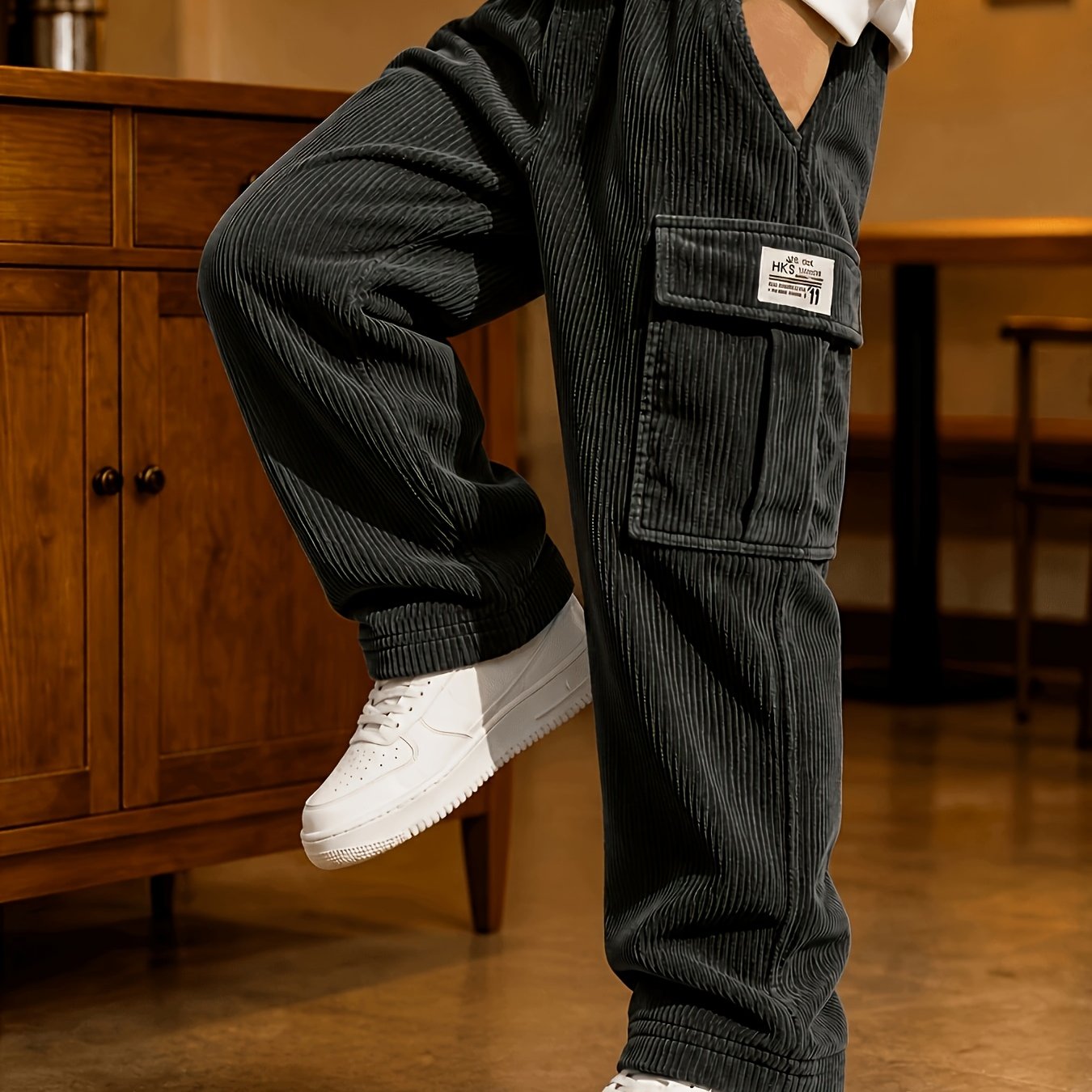 TEMU Corduroy Cargo Wide-leg Pants For Boys, Autumn Winter Elastic Waist Straight Trousers In 3 Colors, Side Large Decoration, Loose And Flowing Fit