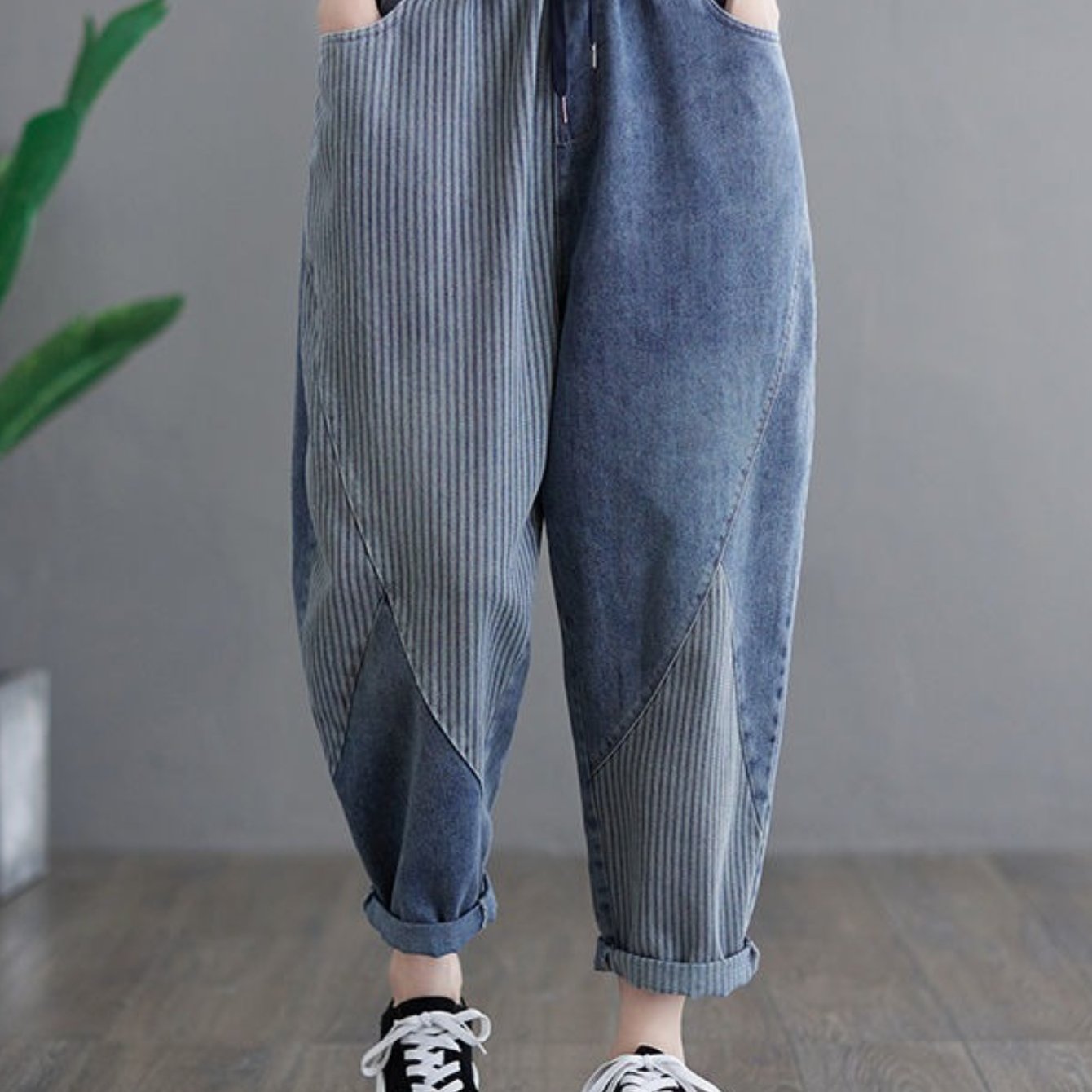 TEMU 【商品名】レディース 縦ストライプ パッチワーク ジーンズ、プラスサイズ ゆったり ハイウエスト ドロー スリム ハーレムパンツ