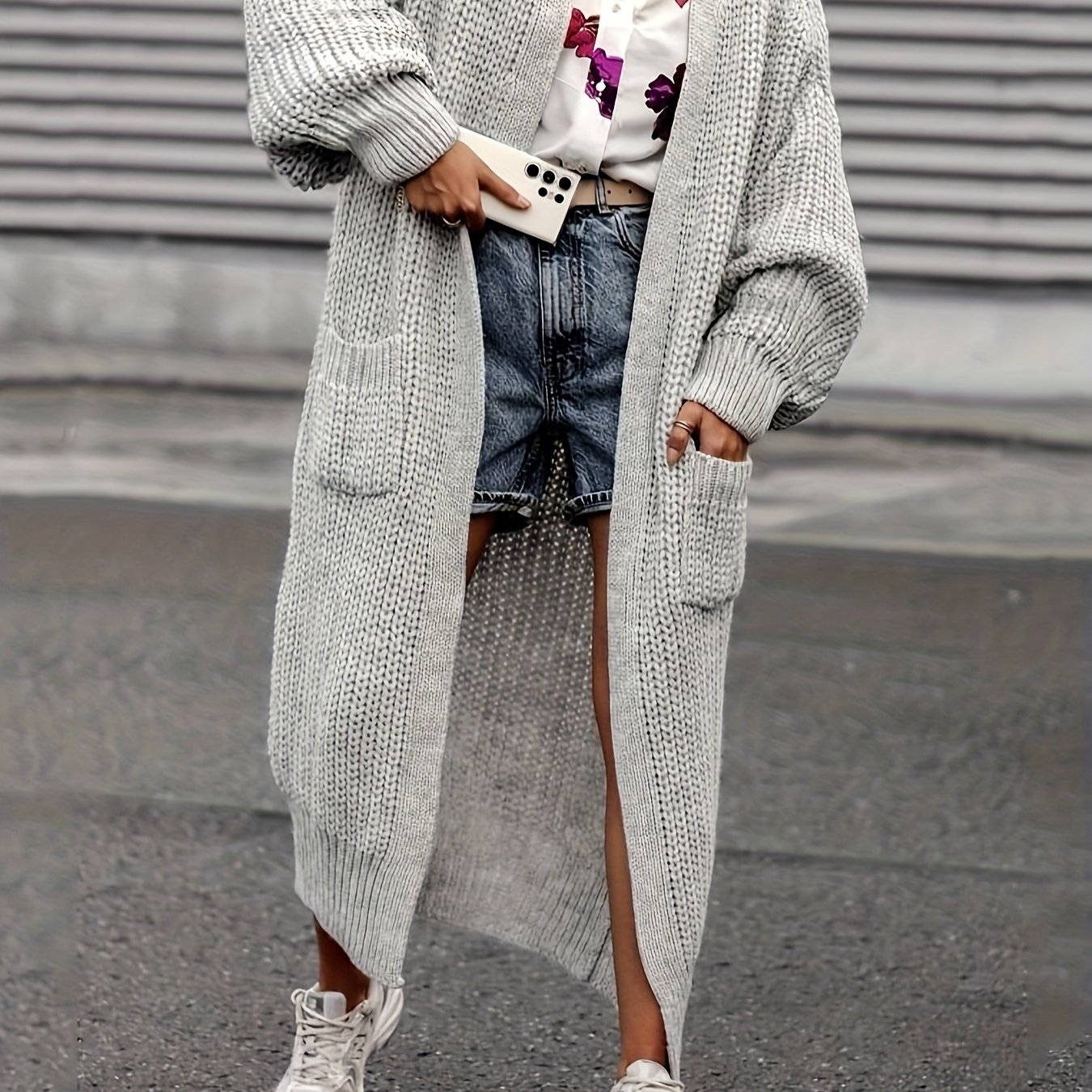 Solid Color Long Cardigan With Pockets