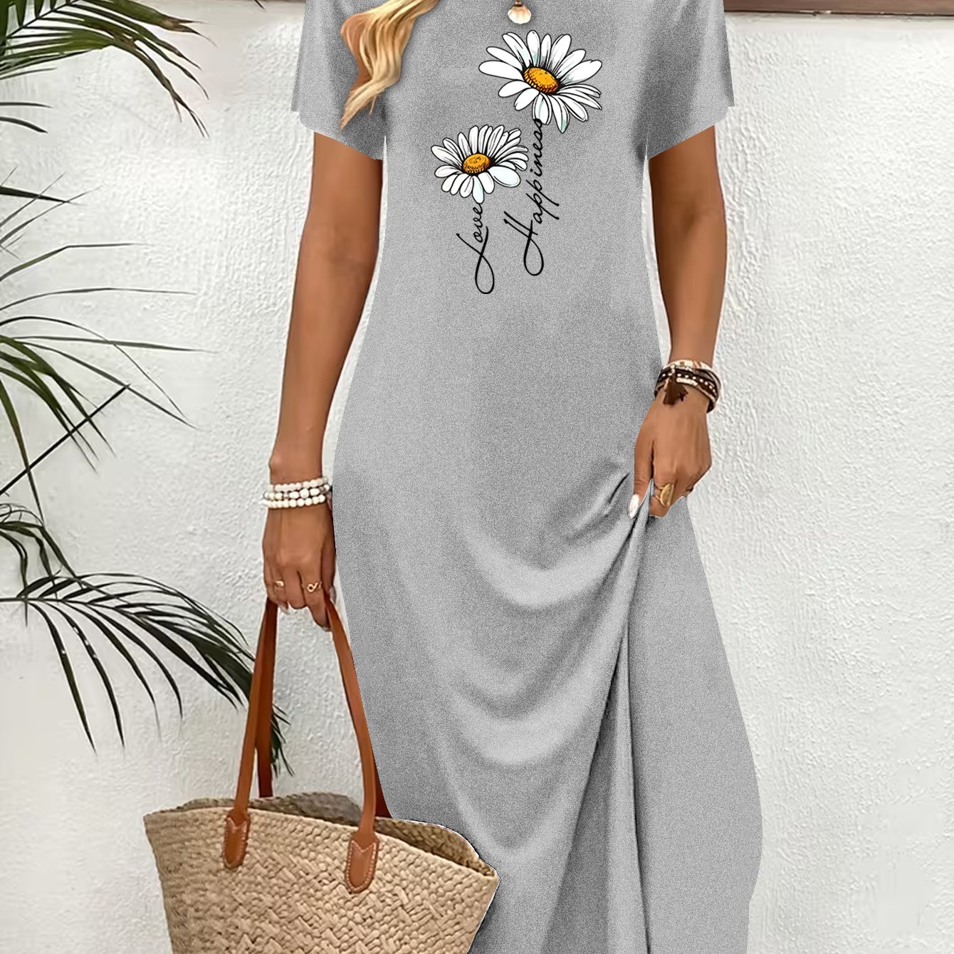TEMU Elegant And Fashionable Ladies' Dress With Flower And Letter Print Round Neck Short Sleeve Casual Dress, Spring And Summer New Style Dress, Soft