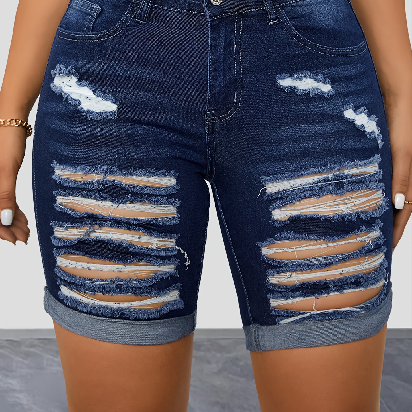 

Ripped Roll Up Hem Denim Shorts, Washed Blue Casual Slash Pocket Denim Shorts, Women's Denim Jeans & Clothing