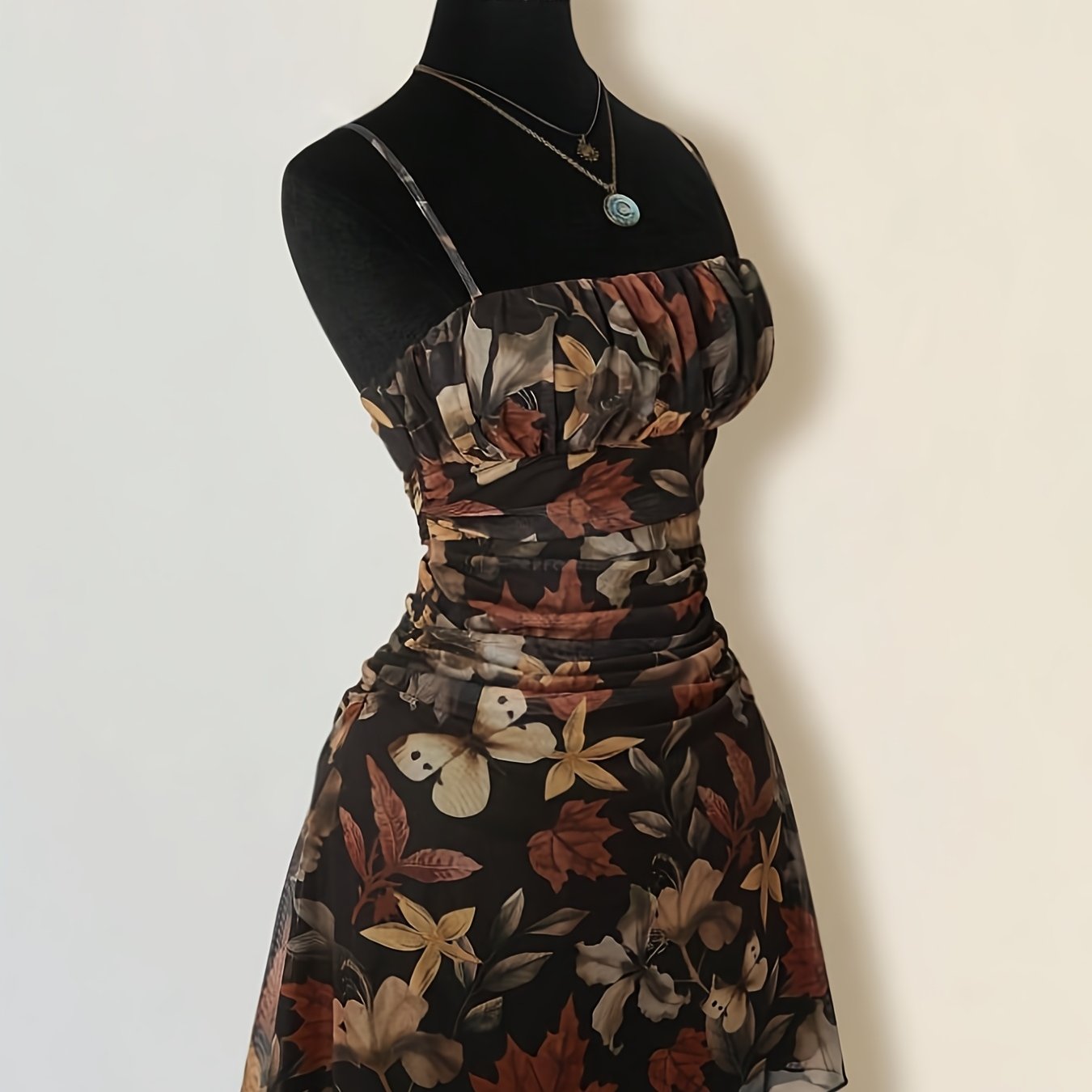 E-shop Damen Neues Blumenmuster Raffung Dekor A-Linien Regenschirm Rock Cami Kleid, Modisches Elegantes Urlaubs-Pendler-Outfit, Dating Party, Street