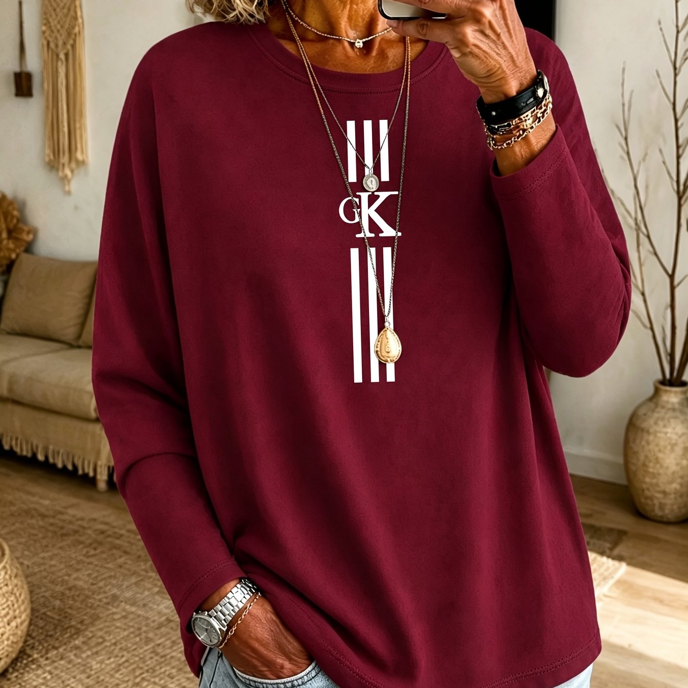 TEMU Plus Size, Plus Size Women's Long Sleeve T-shirt, Fashionable Vacation Soft Casual Plus Size Women's Clothing, Printed Base Layer Pullover,