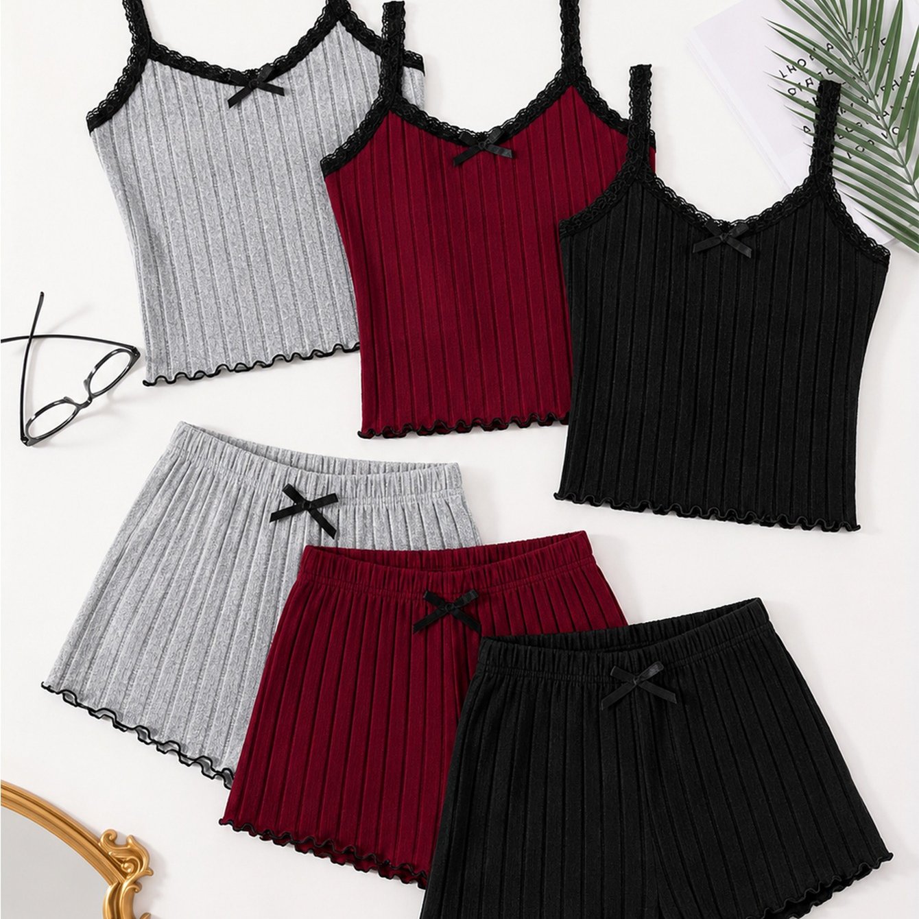 TEMU 3 Sets Of 6pcs Women's Spring/summer Pajamas In Solid Burgundy, Black, And Gray - Casual, Simple, And Sexy Lace-trimmed Camisole And Shorts 2pcs