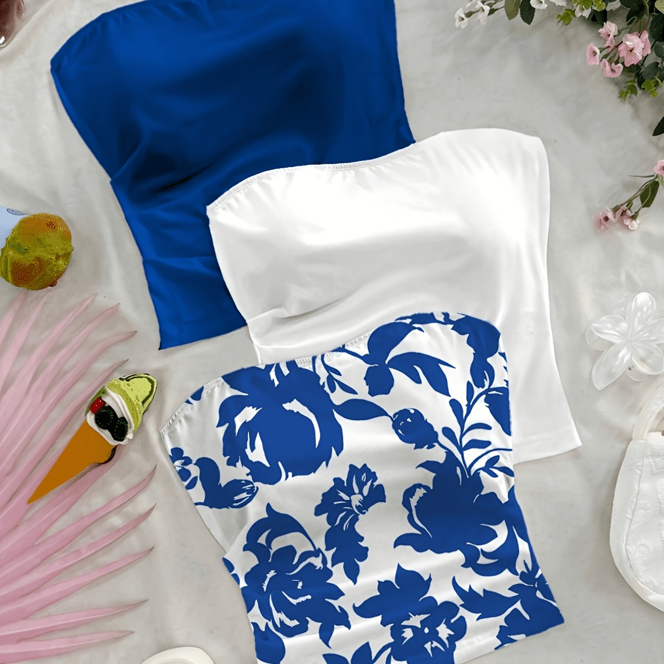 TEMU Ensemble d'été 3 pièces pour femme : haut court, haut bandeau à épaules dénudées coupe ajustée flatteuse à imprimé bohème, sous-vêtement de base