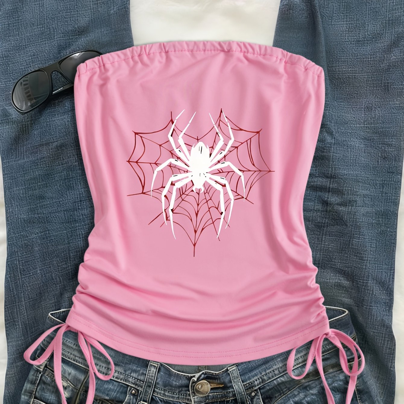 TEMU Y2k Trendy Spider Print Bandeau Top, Slim-- Top For Women, Streetwear