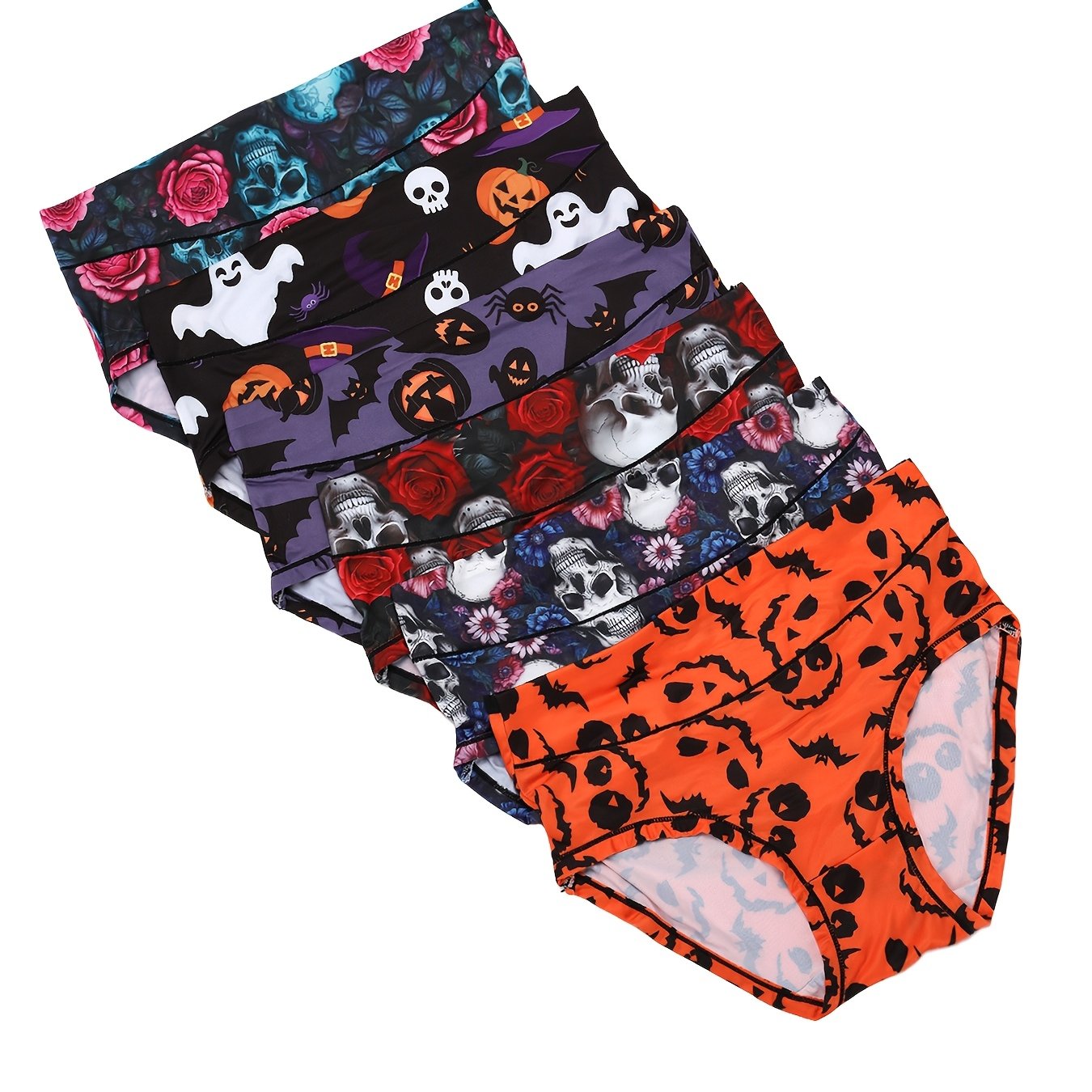 TEMU 6pcs Plus Size Halloween Pumpkin Bat Spider Skeleton Print Women' Panties, Soft, Comfortable, Breathable, High-waisted Underwear