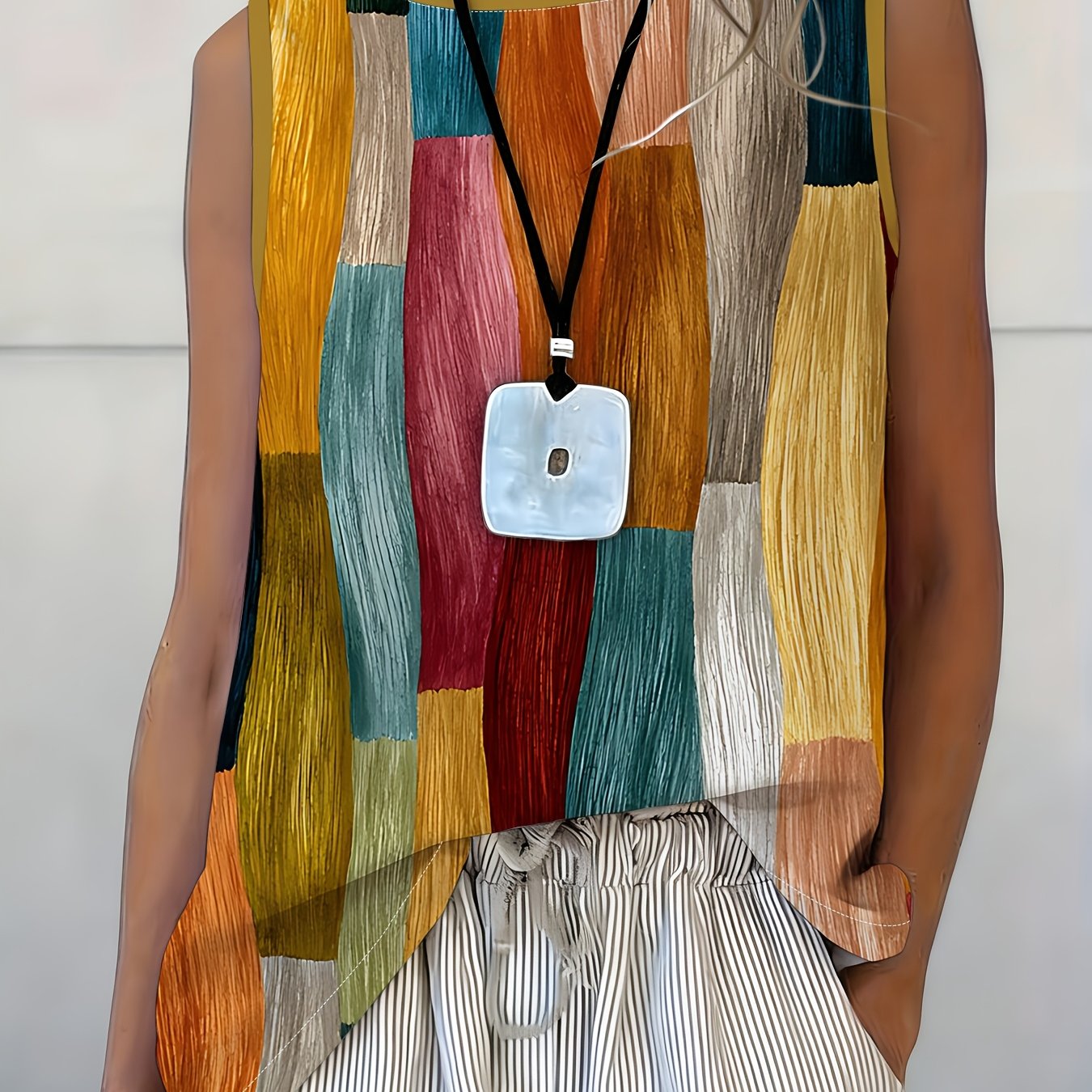 TEMU Colorful Geometric Pattern Sleeveless Top For Women Summer