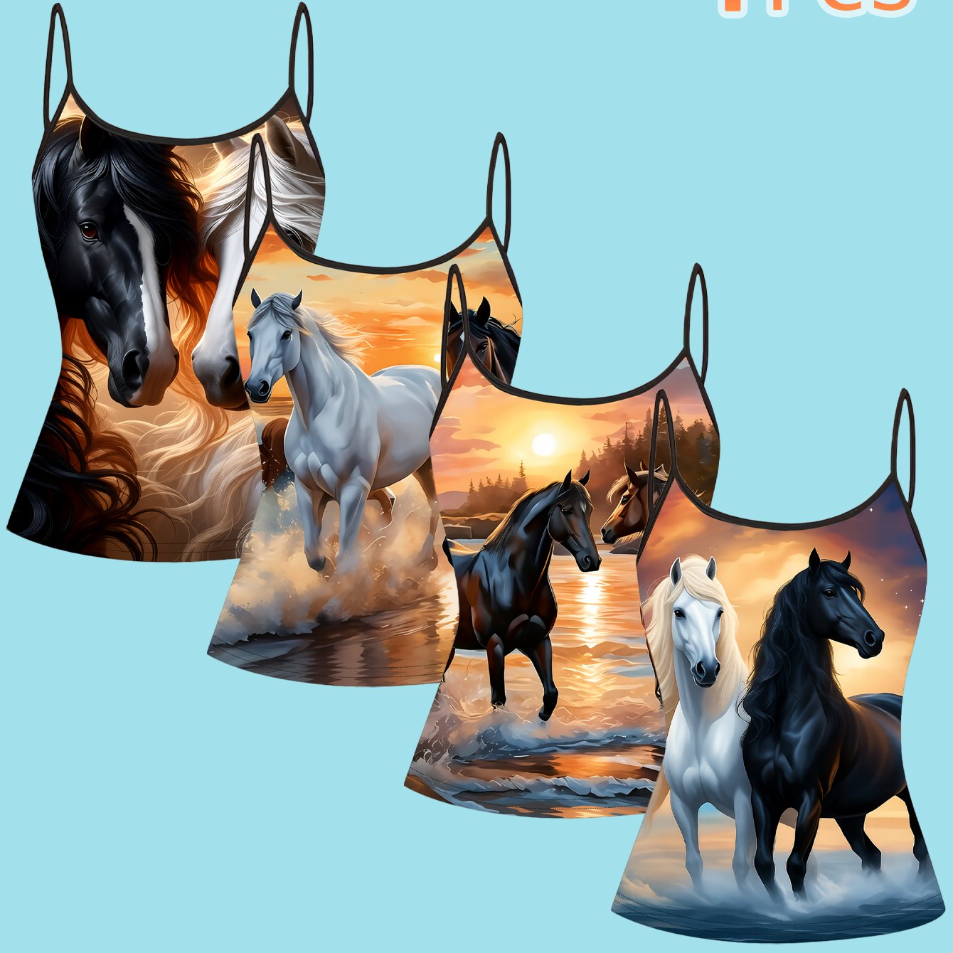 TEMU 4pcs Gilded Sunset Divine Horse Print Camisole, Women' Strap Tank Top, Year Of The Horse Style Hot Top
