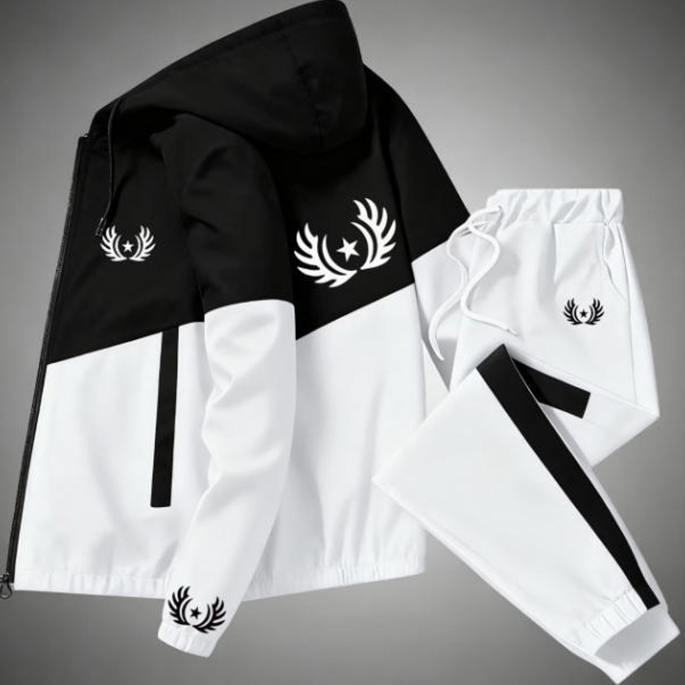 Image of Men's Hooded Tracksuit Set, Street Style Star Graphic Zip-up Jacket And Jogger Pants, Fall Winter Casual Sportswear Holiday Gift