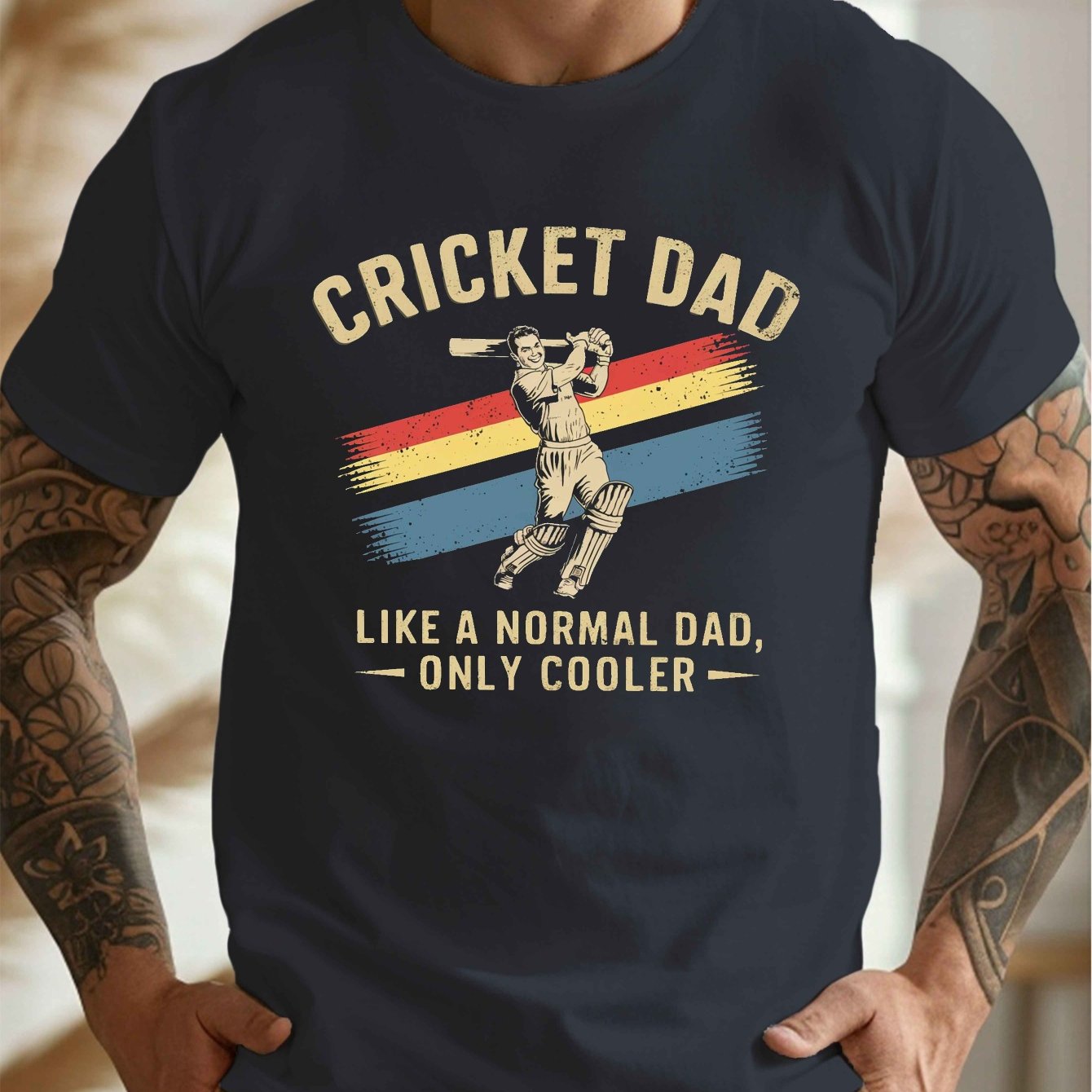 TEMU Men's Cricket Dad Graphic T-shirt, Polyester Crew Neck Tee, , Regular Fit, With Geometric Pattern, Slight Stretch Knit Fabric, For Summer Adult