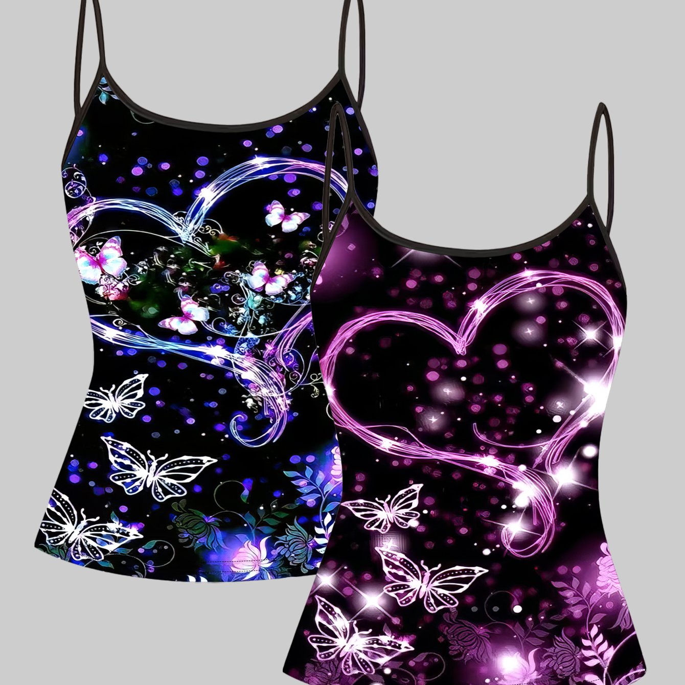TEMU Plus Size - Plus Size - Set Of 2 Large Size Heart Starry Sky Printed Tank Tops, Sweet And , Sleeveless The Figure