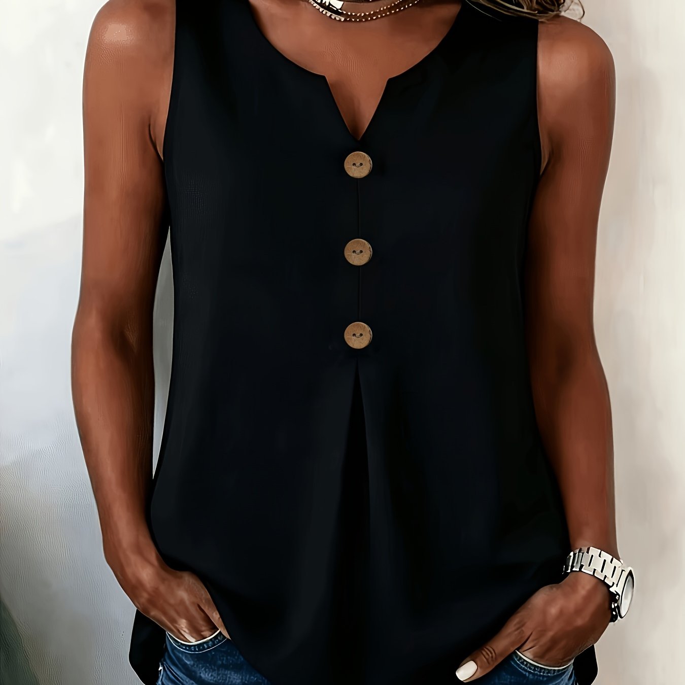 TEMU Elegant And Stylish V-neck Blouse For Women, Suitable For Outdoor Casual Wear, Office, And Dates. Elegant Sleeveless Blouse For Women | Perfect