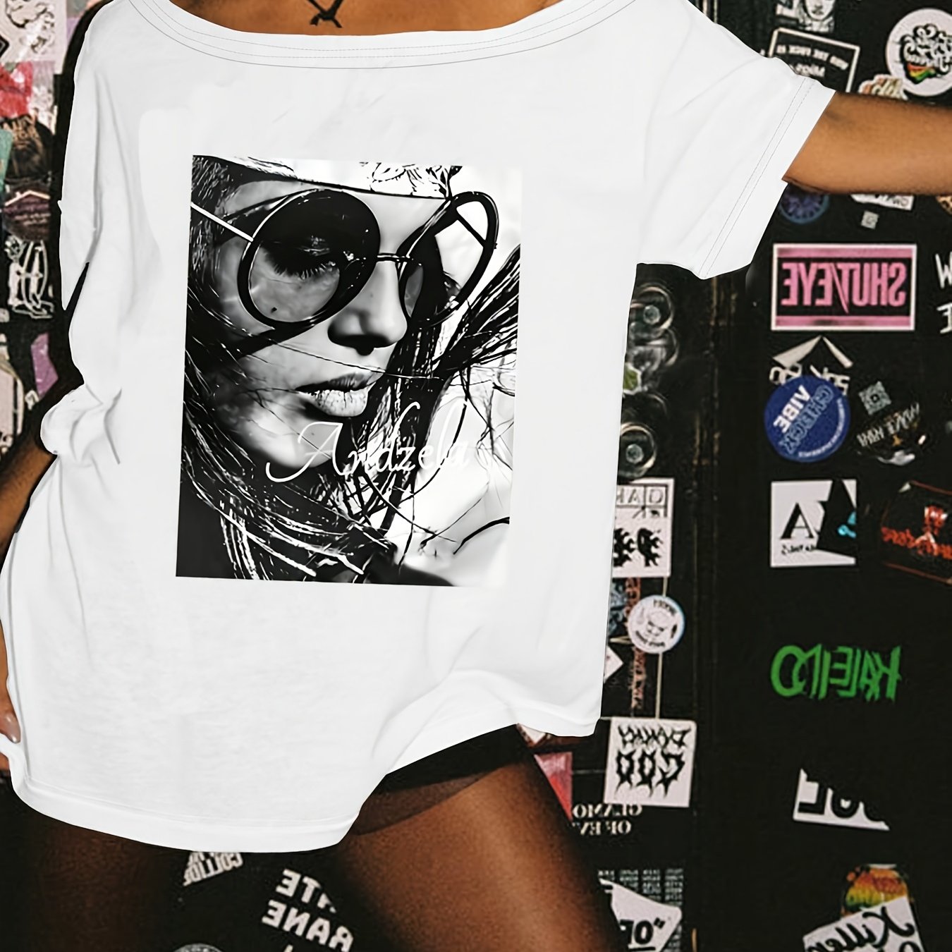 TEMU Spicy Style Off-the-shoulder T-shirt, Creative Fashion Print Versatile Short-sleeved Top, Spring And Summer Women's Fashion Casual Versatile