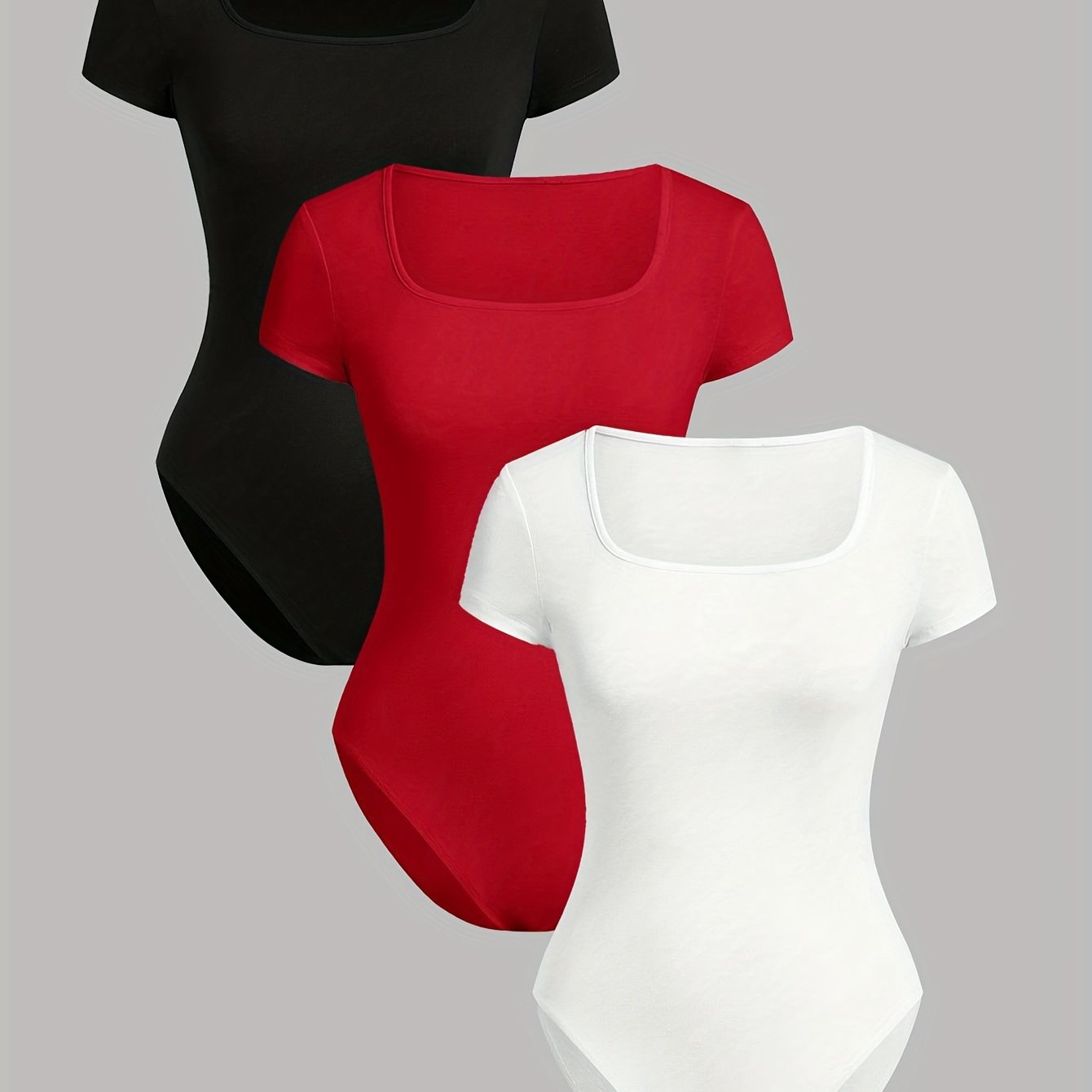 E-shop 3-teiliges Set Kurzarm Slim-Fit Bodysuit mit eckigem Ausschnitt, lässiger Damen Sport Jumpsuit in einem Stück