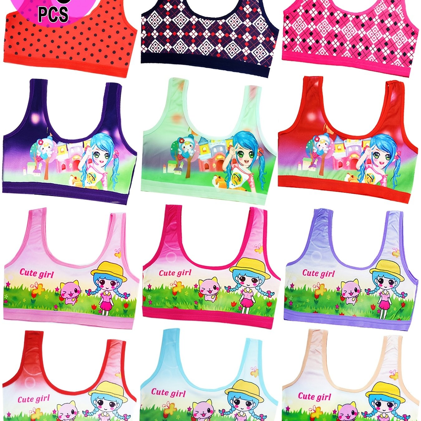 Image of 6pcs/6 Colors Jiabijiabi Girls' Thin Tank Top For Growth Period, High-quality Children's Underwear, Cute Plaid Cartoon Sports Vest For Girls And Students, Ages 9-14, Random Mixed Styles