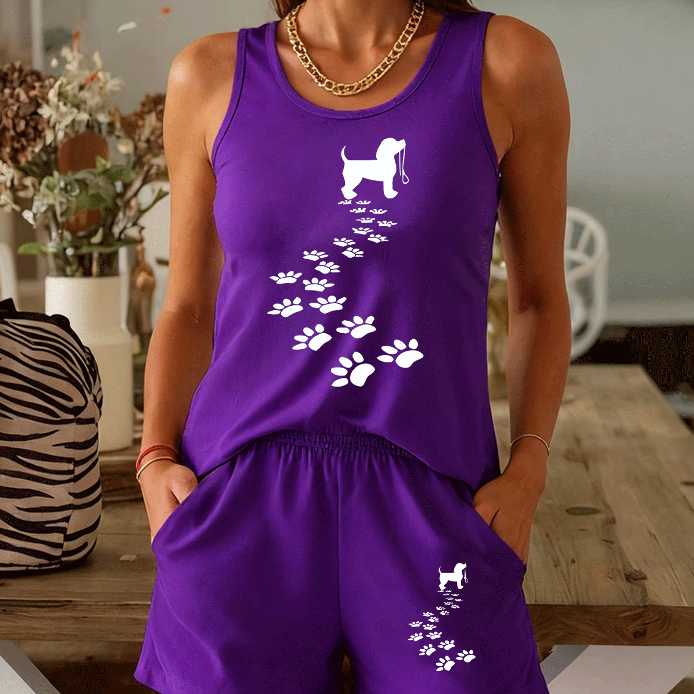 TEMU Two-piece Set Paw Print, In Multiple Colors, Sleeveless Shorts For Summer, Casual Homewear, Comfortable Women's Fashion - Soft, Breathable,