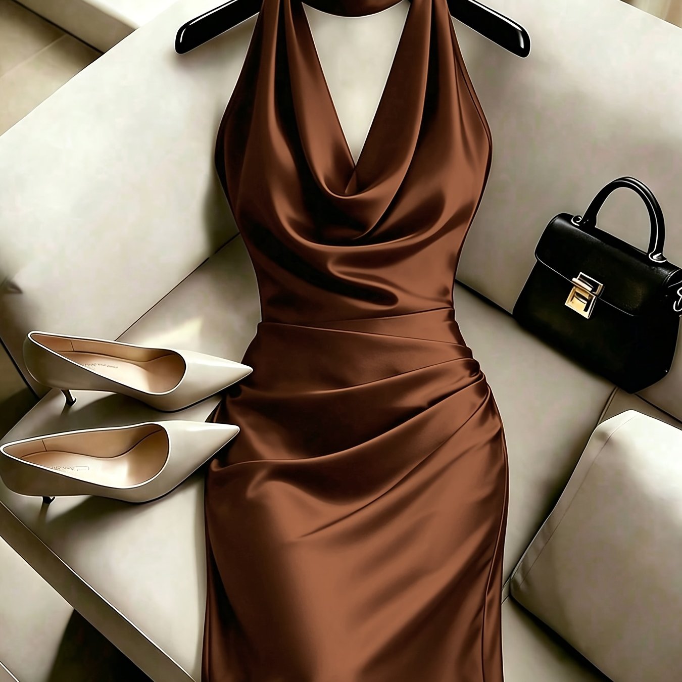 TEMU Glossy Fabric Halter Evening Dress, Light Luxury Style Halter Dress, Backless Skirt, Light Mature Date Style Halter Long Dress, Evening Formal