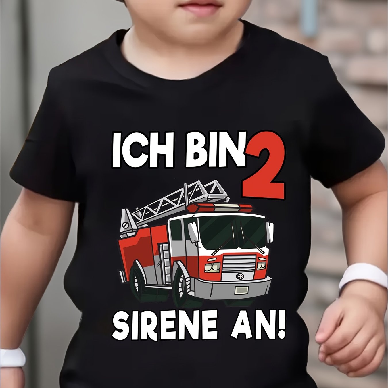 Image of I Am 2 On! Cartoon Fire Truck 2nd Birthday Slogan Printed T-shirt. For Fire Truck Enthusiasts