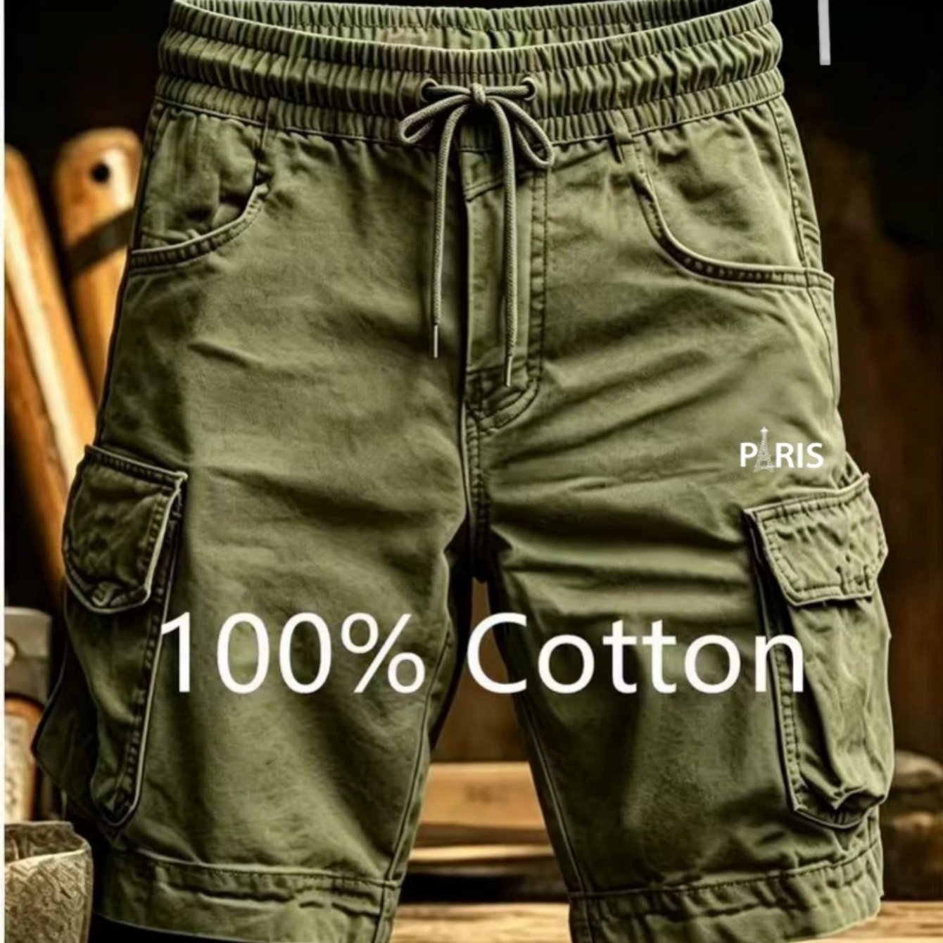 Men's Summer 100% Work Shorts With Necklace, Elastic Waist Comfortable Casual Outfit