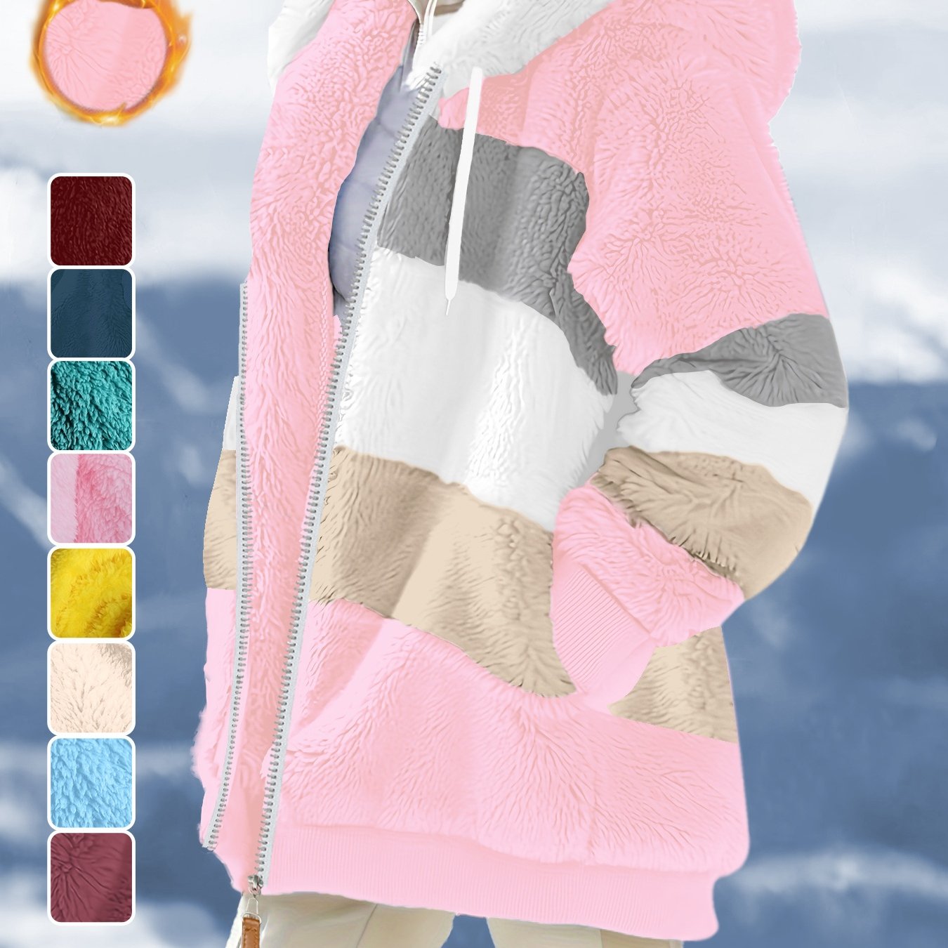 Image of Plus Size - Women's Winter Warm Sherpa Fleece Jacket, Colorblock Hooded Zip Up Outerwear With Pockets. Cozy Loose Fit Trendy Plush Hoodie Coat For Autumn And Cold Weather