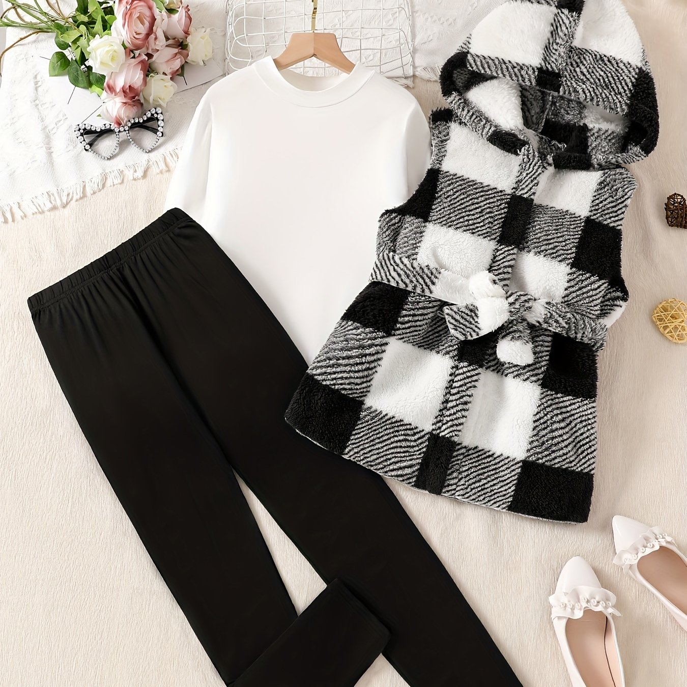 Image of Girls' And Big Kids' Suit, Spring And Autumn 3pcs Set, Inner Shirt + Jacket + Trousers +, Solid Color Bottoming Shirt, Daily ,christmas,halloween, Perfect For Outdoor