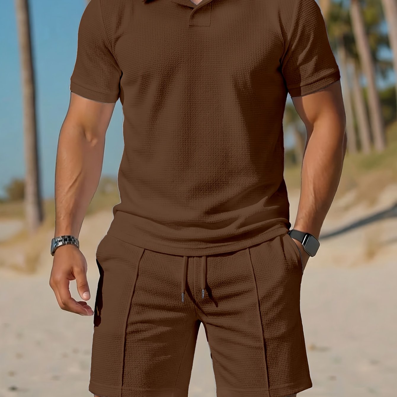 TEMU Western Spring Men's Outdoor Casual Sports Short Sleeve Shorts 2pcs Set Men's Clothing, Soft And Comfortable Fabric Machine Washable, Multiple