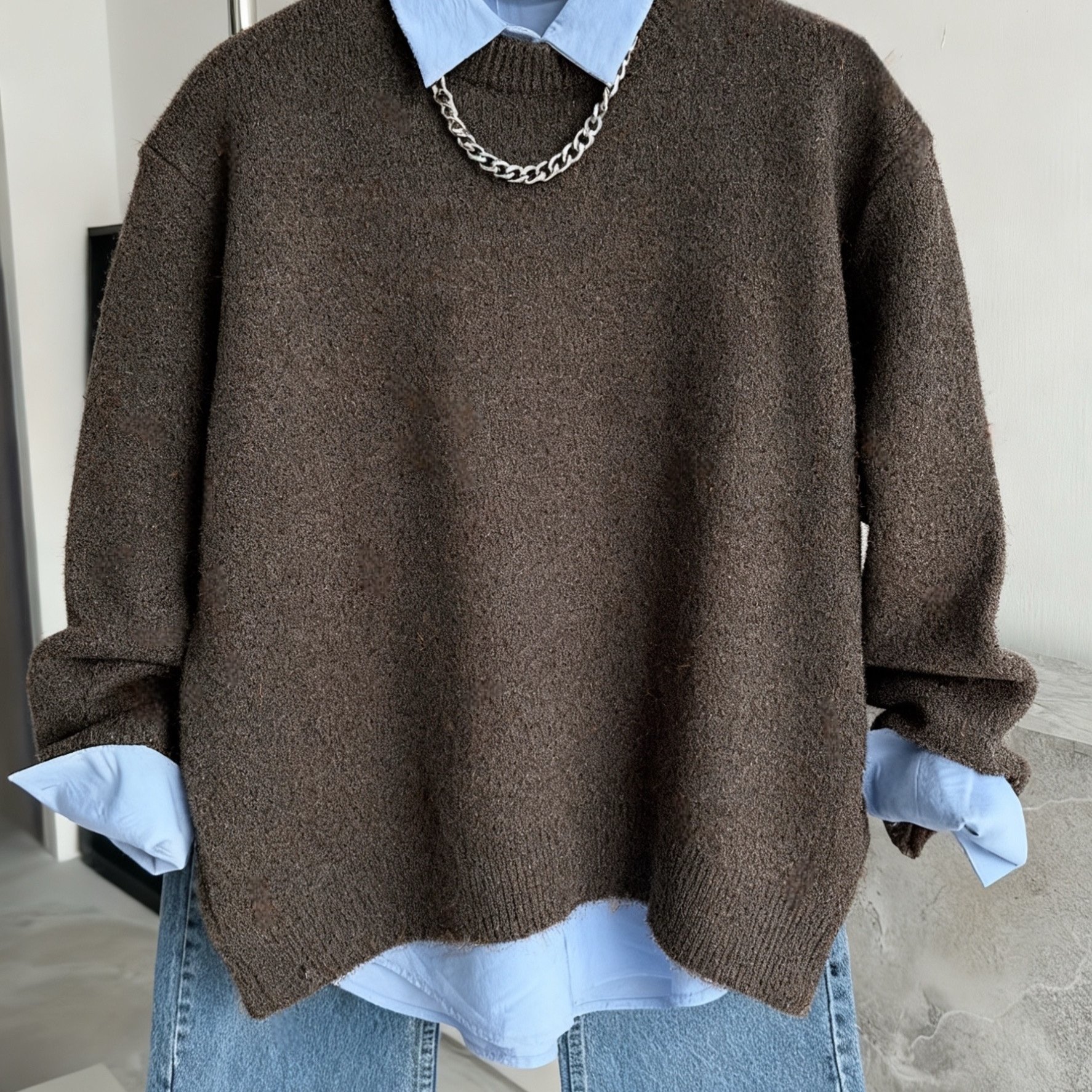 Image of Autumn Casual And Versatile Basic Grey Round-neck Pullover Sweater