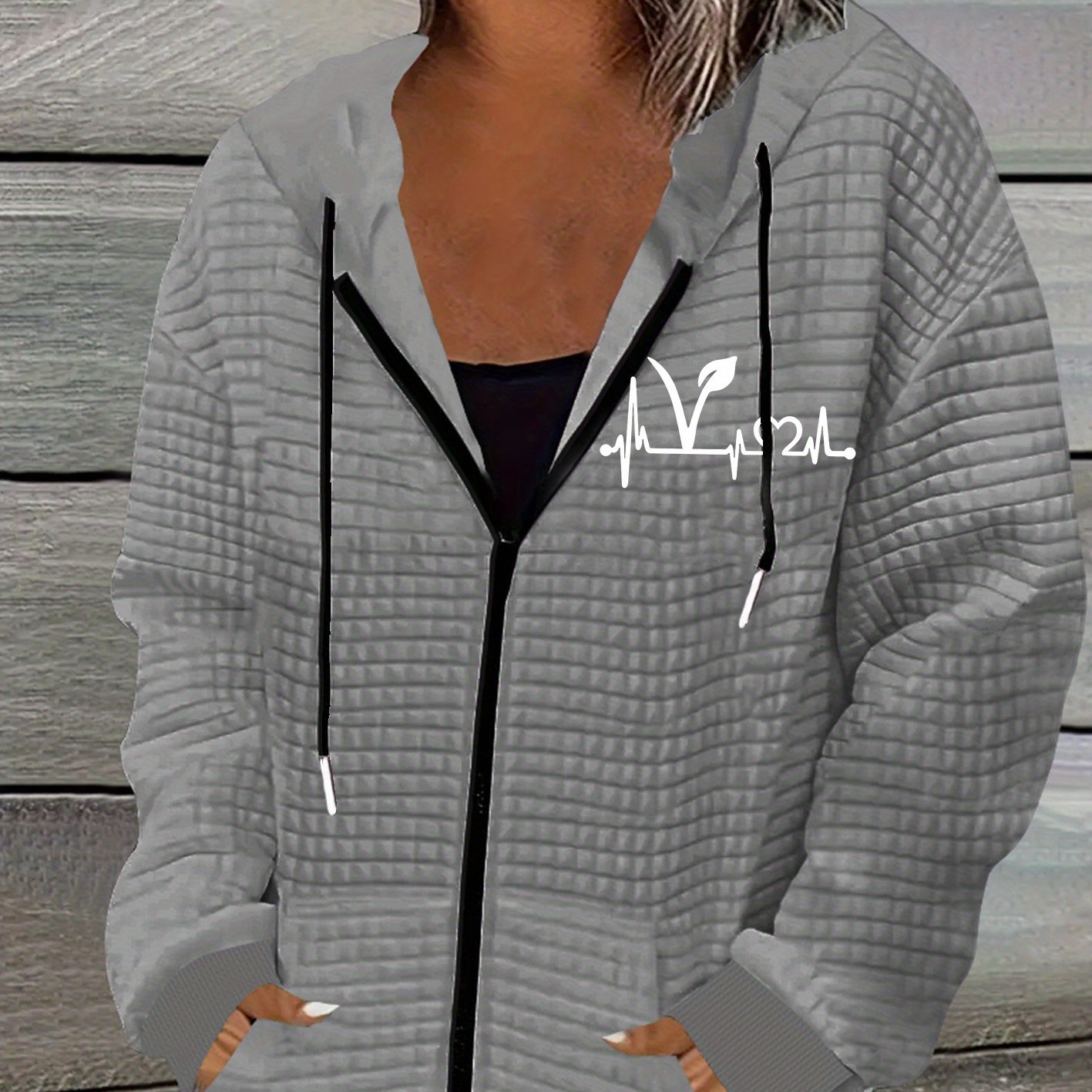 TEMU Fashion Ecg Print, Women's Casual Waffle Zipper Hooded Jacket With Drawstring - Fiber, Machine Washable, Geometric Pattern