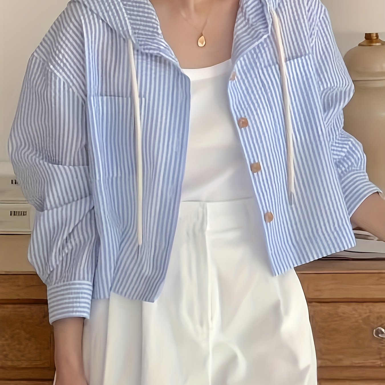 Image of Directional Temperament, Versatile Single-breasted Striped Color-blocking Short Loose Holiday Long-sleeved Hooded Shirt For Women