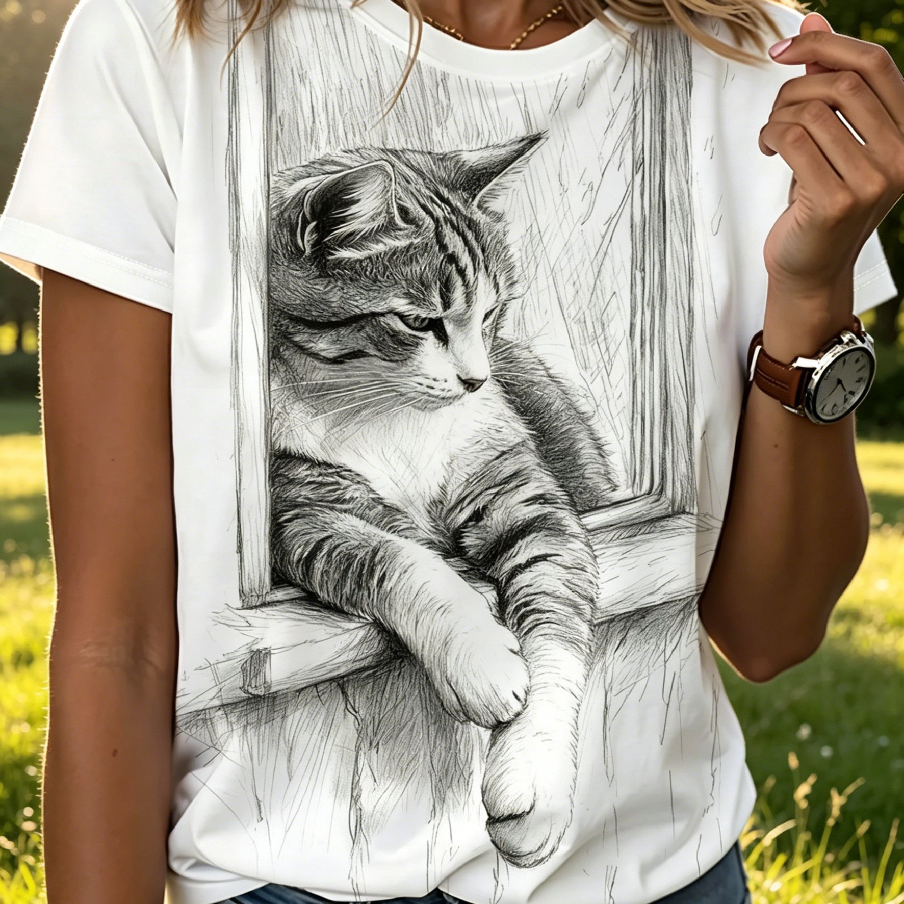 TEMU Women's Print Short-sleeve T-shirt - Sketch Window With Suitable For , Casual Summer Blouse Top, Machine Washable Gift For Cat Lovers (no